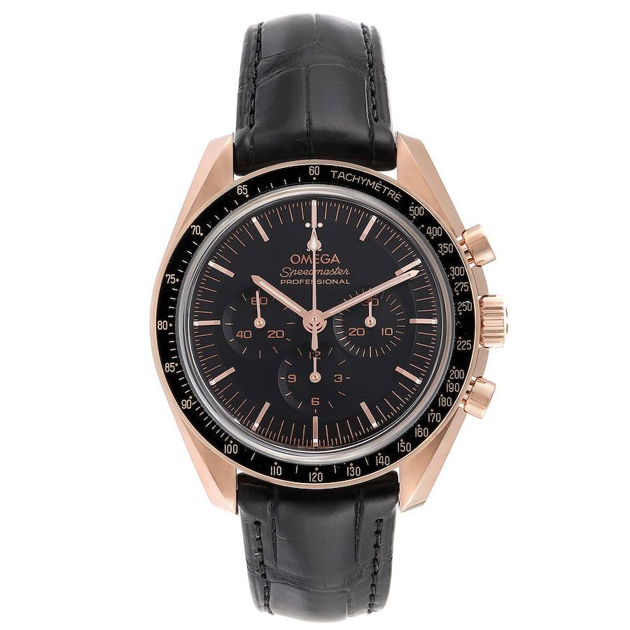 Omega Speedmaster Rose Gold Mens Moonwatch 310.63.42.50.01.001 Unworn. Manual-winding chronograph movement. 18k rose gold round case 42.0 mm in diameter. Exhibition transparent sapphire crystal case back. 18k rose gold bezel with tachymeter