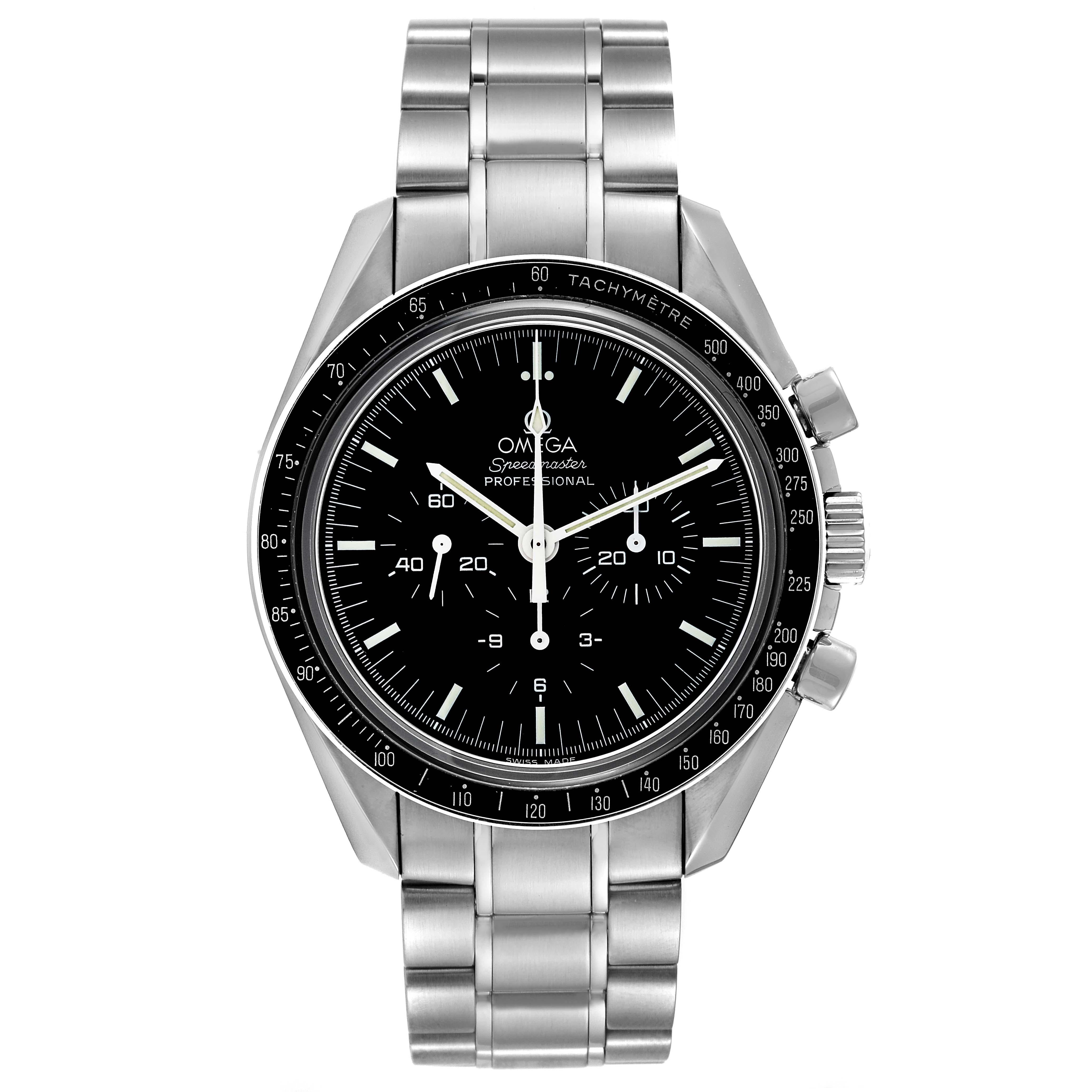 Omega Speedmaster Zafiro Sandwich Reloj de Luna para caballero 3573.50.00. Movimiento cronógrafo de cuerda manual. Caja redonda de acero inoxidable de 42.0 mm de diámetro. Fondo de zafiro de exposición. Bisel de acero inoxidable con función