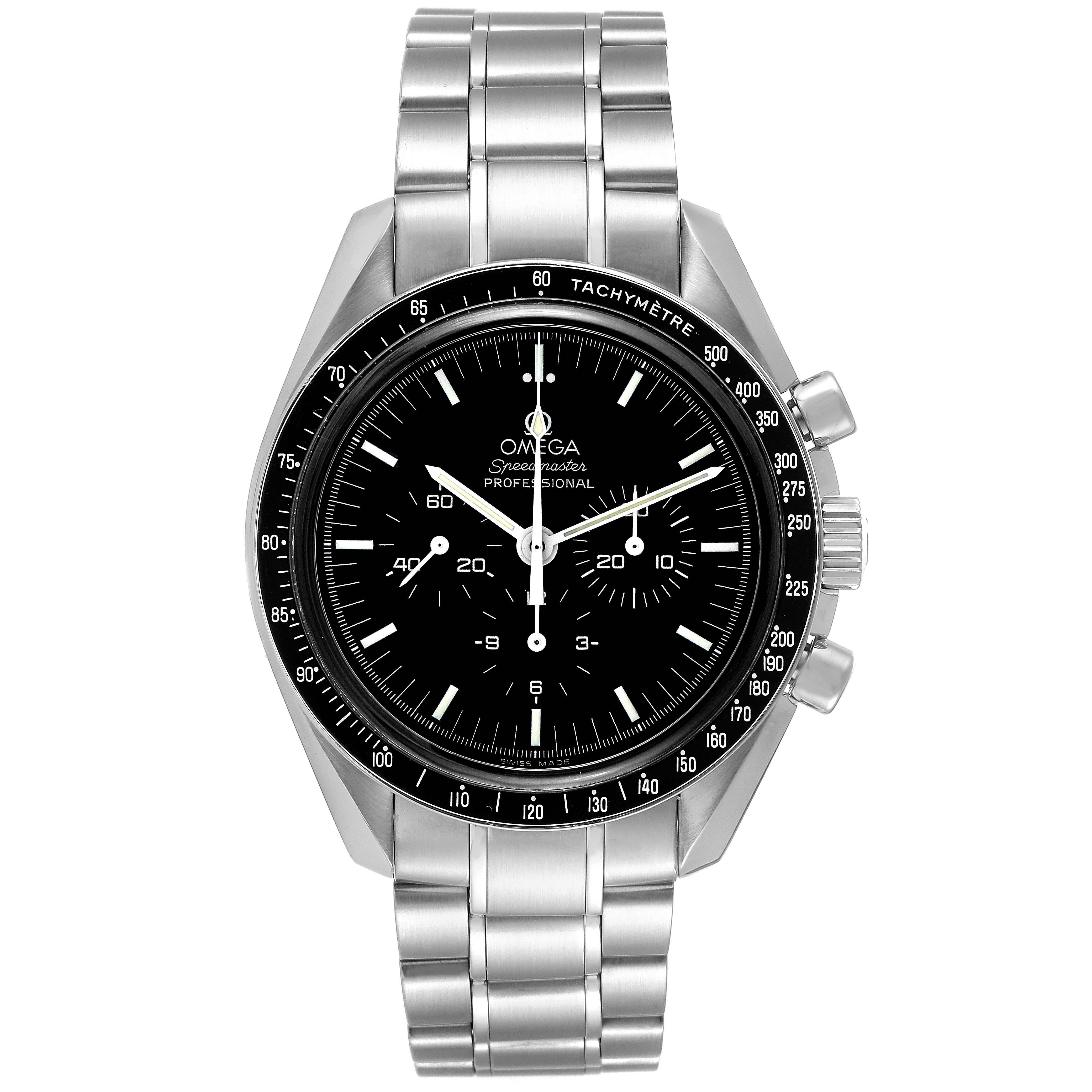 Omega Speedmaster Sapphire Sandwich Steel Mens MoonWatch 3573.50.00 Box Card. Manual winding chronograph movement. Caliber 1863. Stainless steel round case 42.0 mm in diameter. Transparent exhibition sapphire crystal caseback. Stainless steel bezel