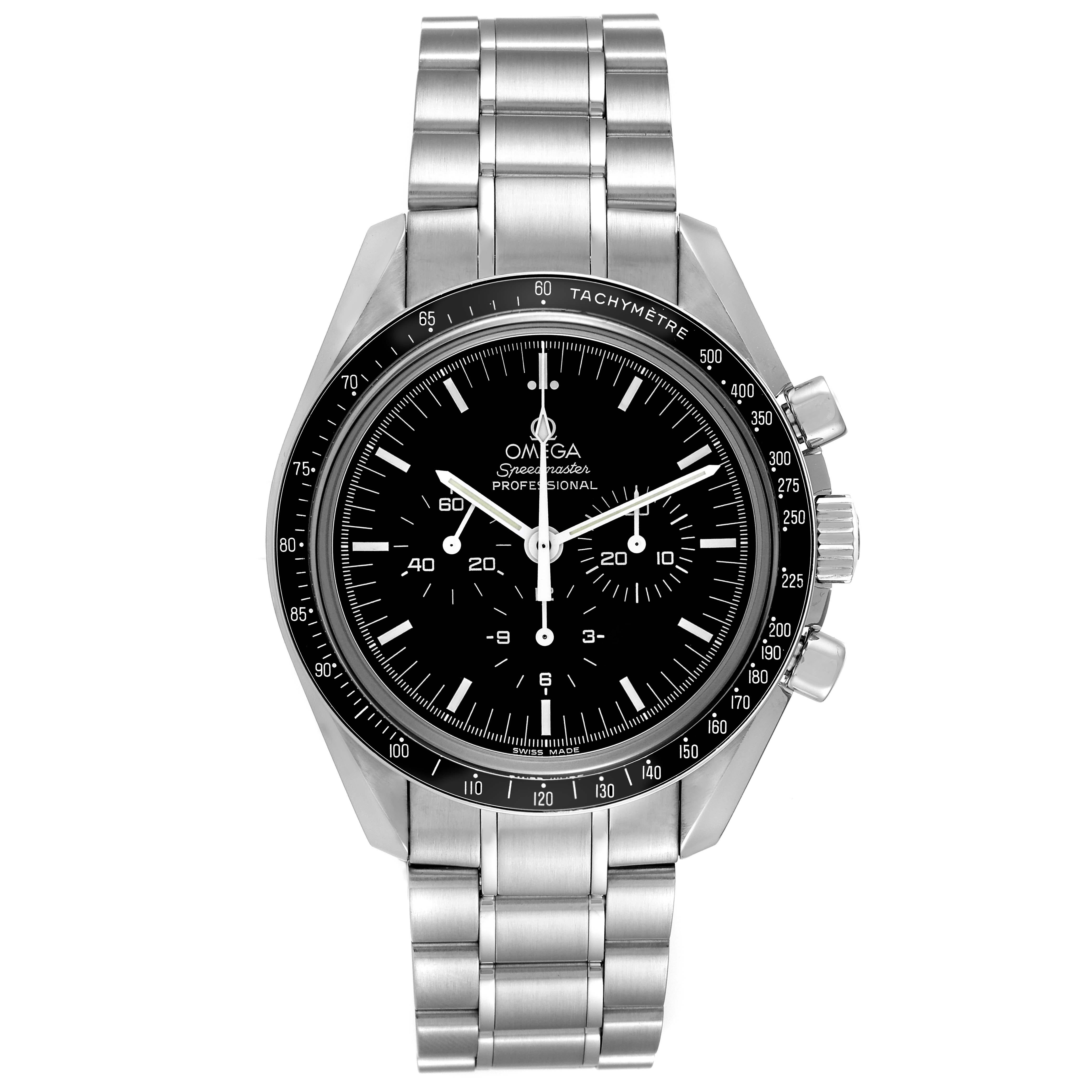 Omega Speedmaster Sapphire Sandwich Steel Mens MoonWatch 3573.50.00 Box Card. Manual winding chronograph movement. Stainless steel round case 42.0 mm in diameter. Transparent exhibition sapphire crystal caseback. Stainless steel bezel with