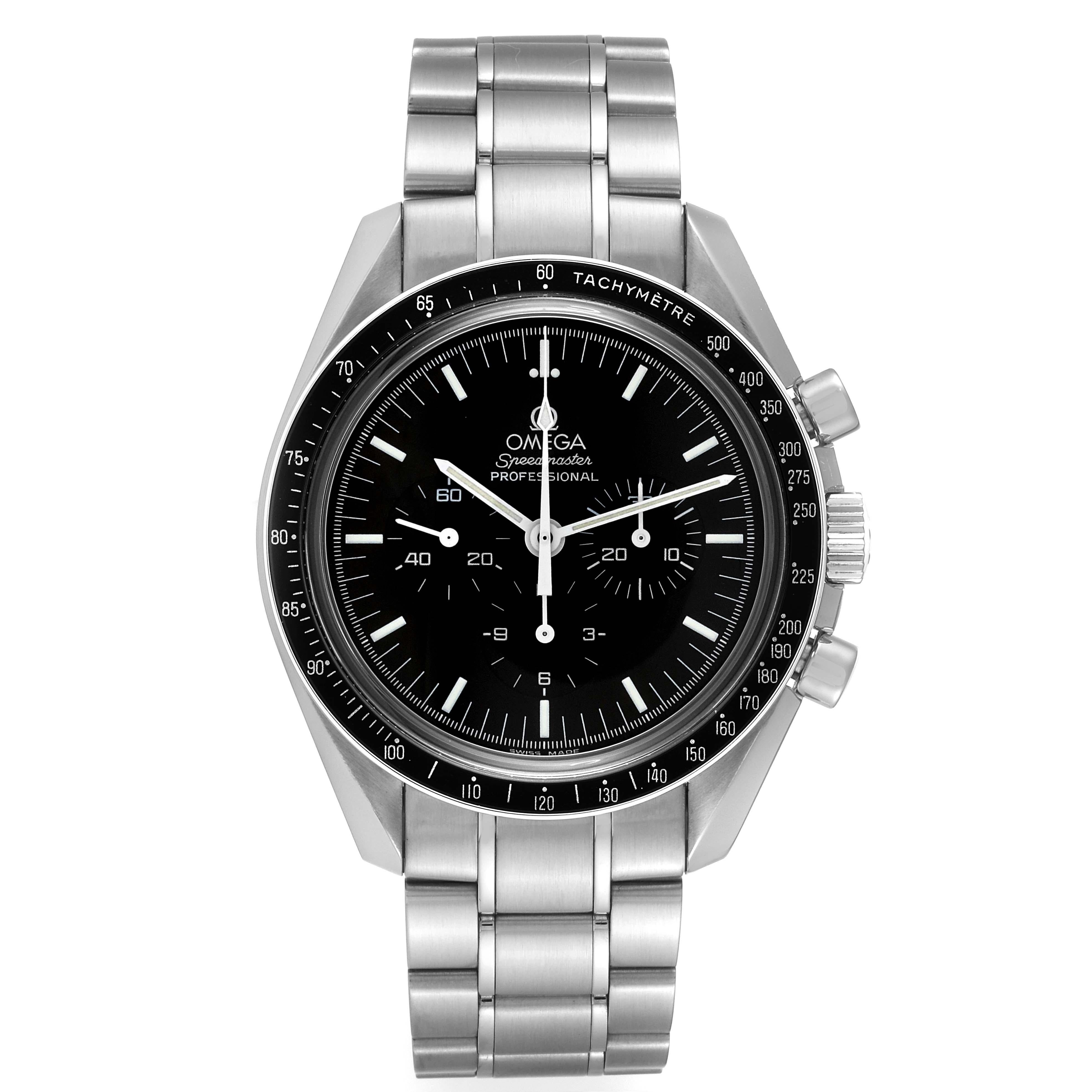 Omega Speedmaster Sapphire Sandwich Steel Mens MoonWatch 3573.50.00. Manual winding chronograph movement. Caliber 1863. Stainless steel round case 42.0 mm in diameter. Transparent exhibition sapphire crystal caseback. Stainless steel bezel with