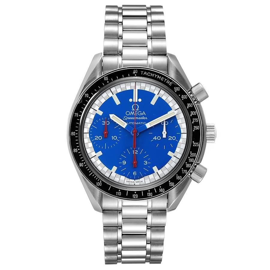 Omega Speedmaster Schumacher Blue Dial Automatic Mens Watch 3510.80.00. Automatic self-winding chronograph movement. Stainless steel round case 39.0 mm in diameter. Black tachymeter bezel. Hesalite crystal. Blue dial with luminous hands and index