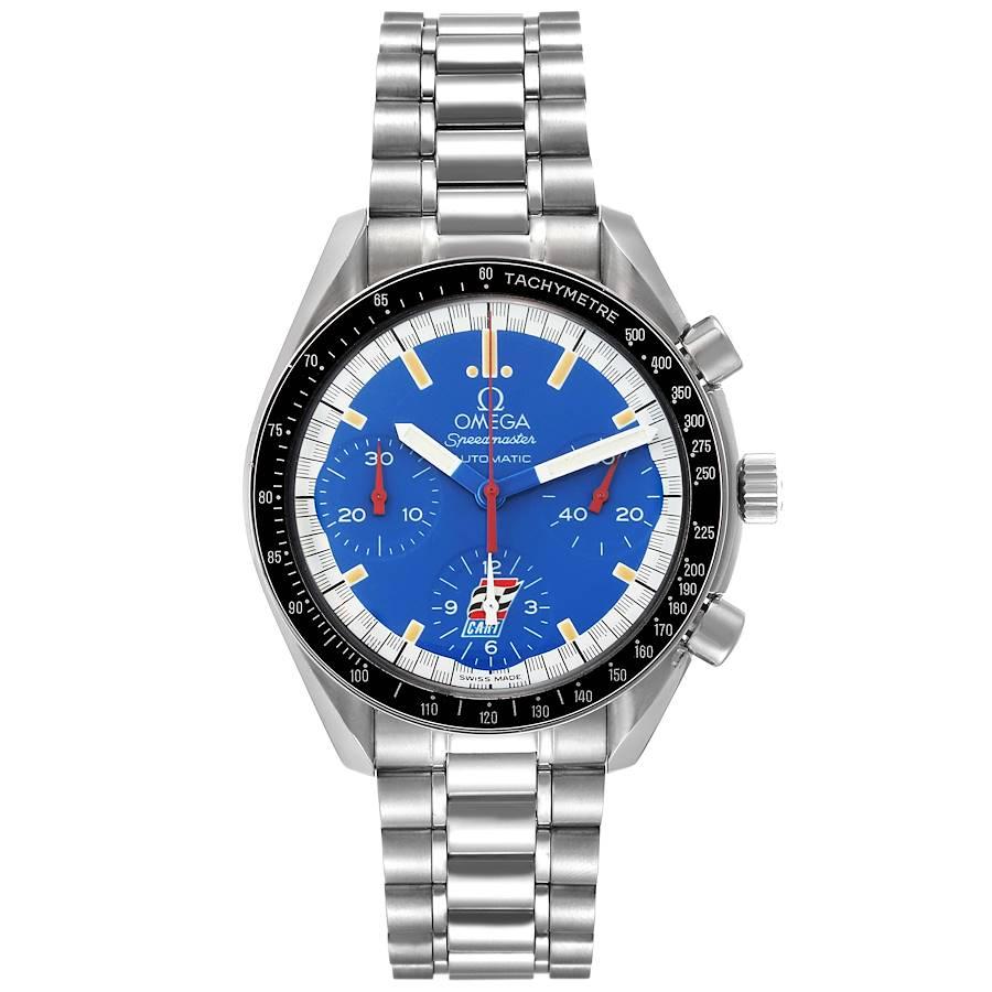 Omega Speedmaster Schumacher Blue Dial Automatic Mens Watch 3510.80.00. Automatic self-winding chronograph movement. Stainless steel round case 39.0 mm in diameter. Black tachymeter bezel. Scratch-resistant sapphire crystal. Blue dial with luminous