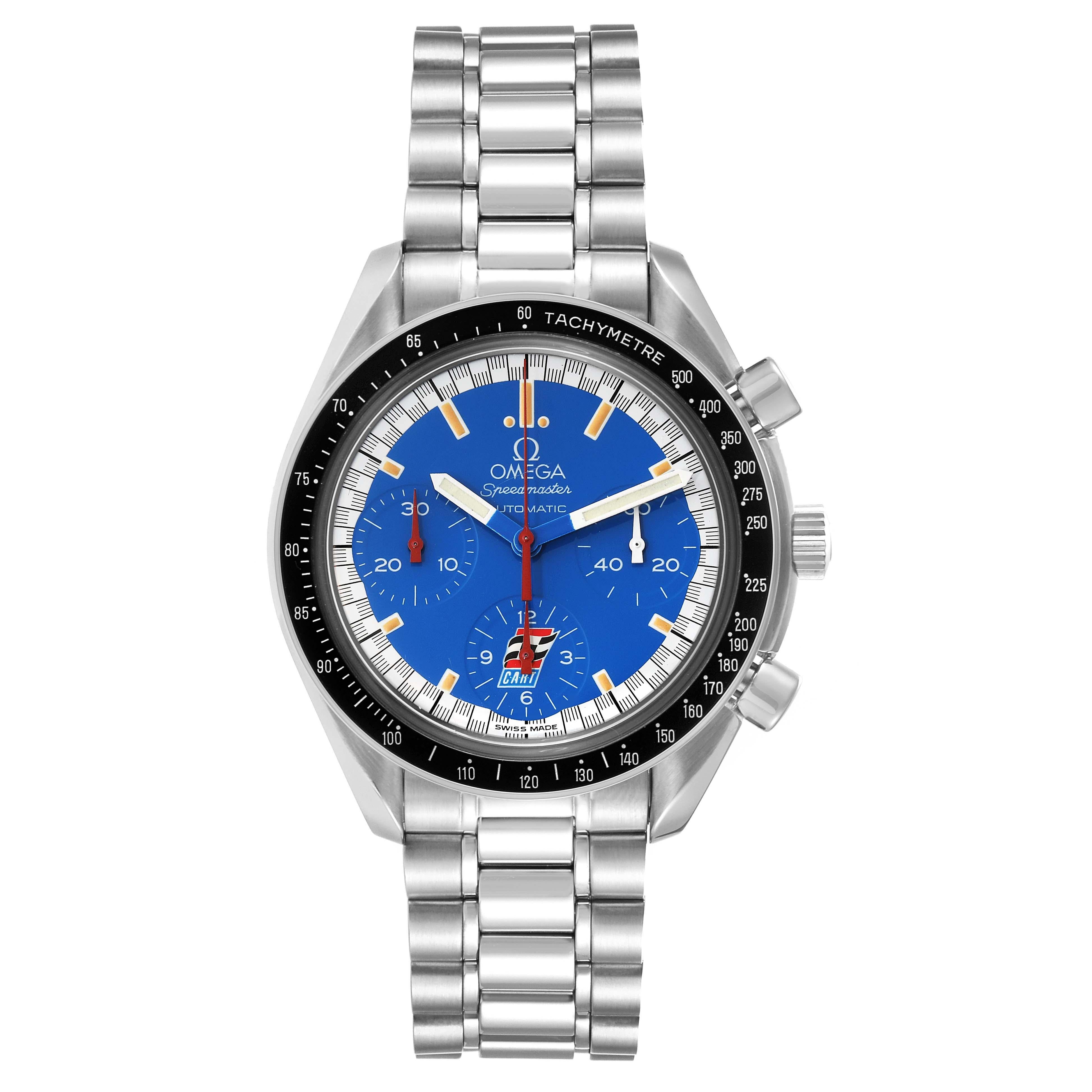 Omega Speedmaster Schumacher Blue Dial Automatic Steel Mens Watch 3510.80.00. Automatic self-winding chronograph movement. Stainless steel round case 39.0 mm in diameter. Black tachymeter bezel. Scratch-resistant sapphire crystal. Blue dial with