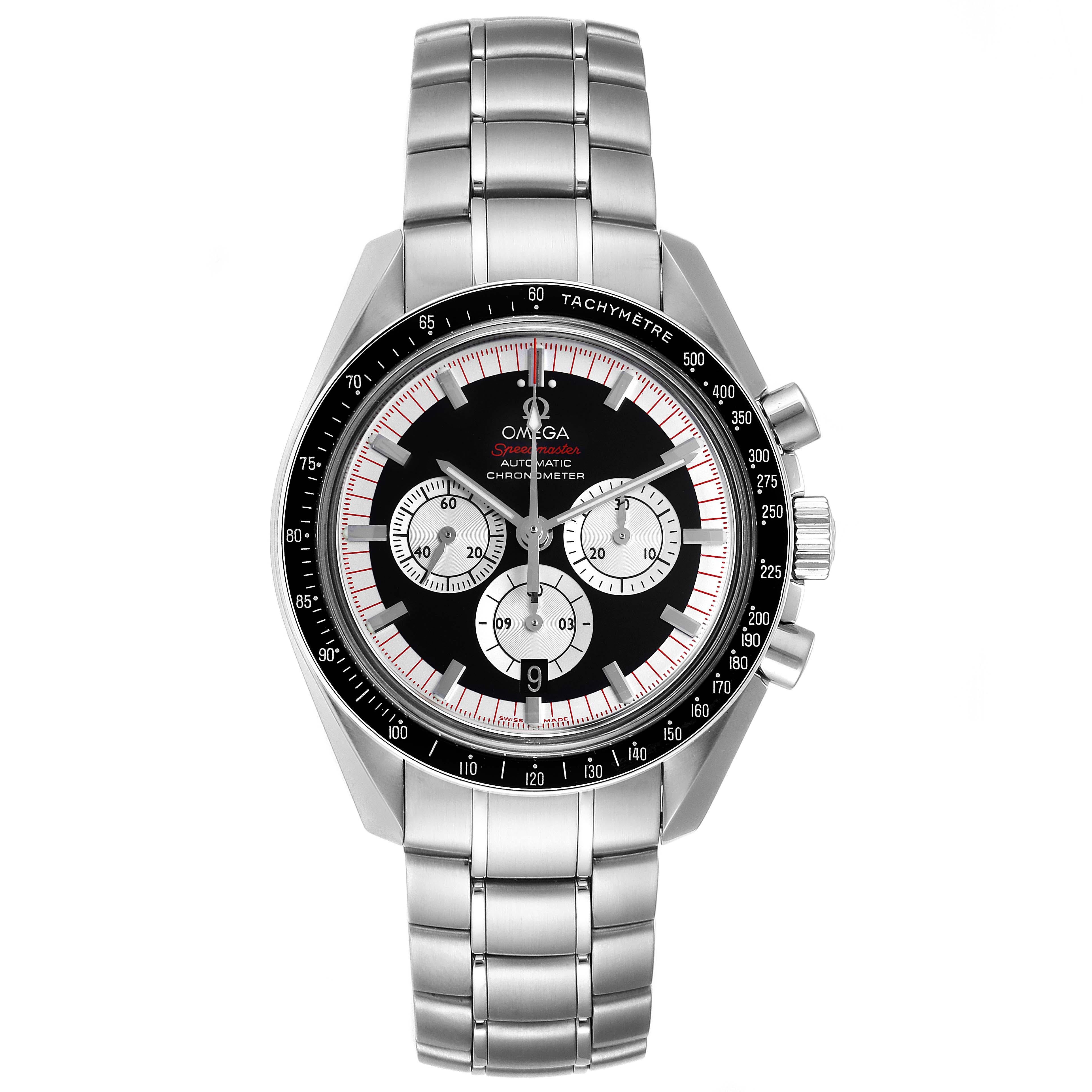 Omega Speedmaster Schumacher Legend LE Mens Watch 3507.51.00 Box Card. Automatic self-winding chronograph movement. Stainless steel round case 42.0 mm in diameter. Black ion-plated bezel with tachymetre function. Scratch-resistant sapphire crystal