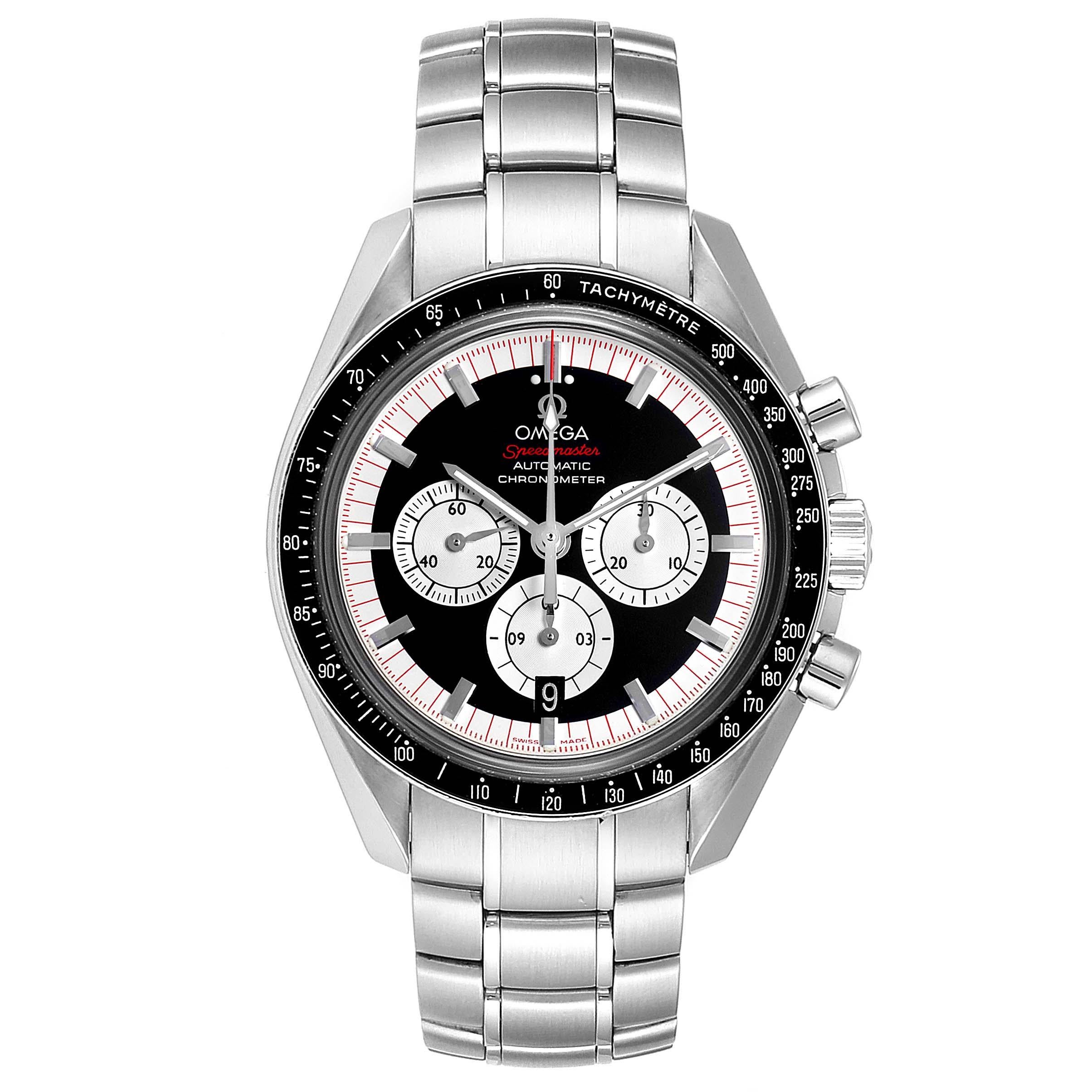 Omega Speedmaster Schumacher Legend LE Mens Watch 3507.51.00 Box Card. Automatic self-winding chronograph movement. Stainless steel round case 42.0 mm in diameter. Black ion-plated bezel with tachymetre function. Scratch-resistant sapphire crystal