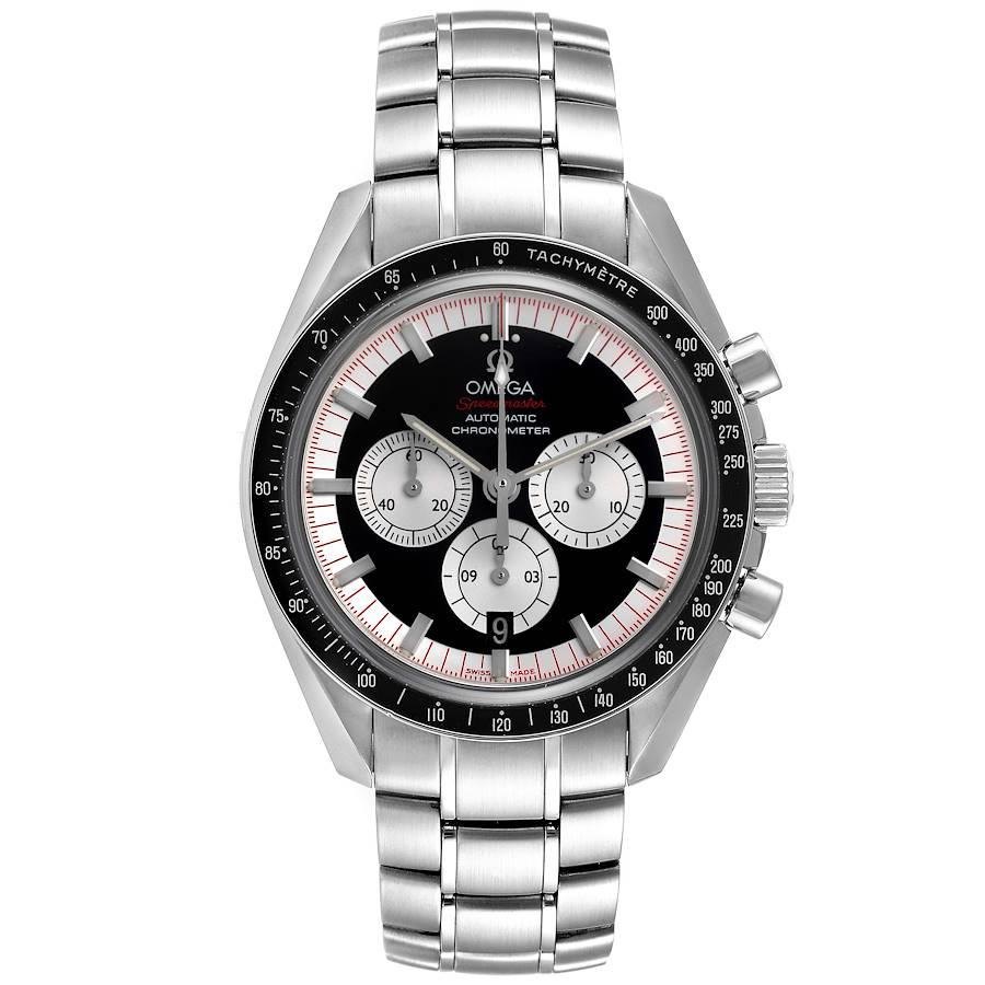 Omega Speedmaster Schumacher Legend LE Steel Mens Watch 3507.51.00. Automatic self-winding chronograph movement. Stainless steel round case 42.0 mm in diameter. Black ion-plated bezel with tachymetre function. Scratch-resistant sapphire crystal with