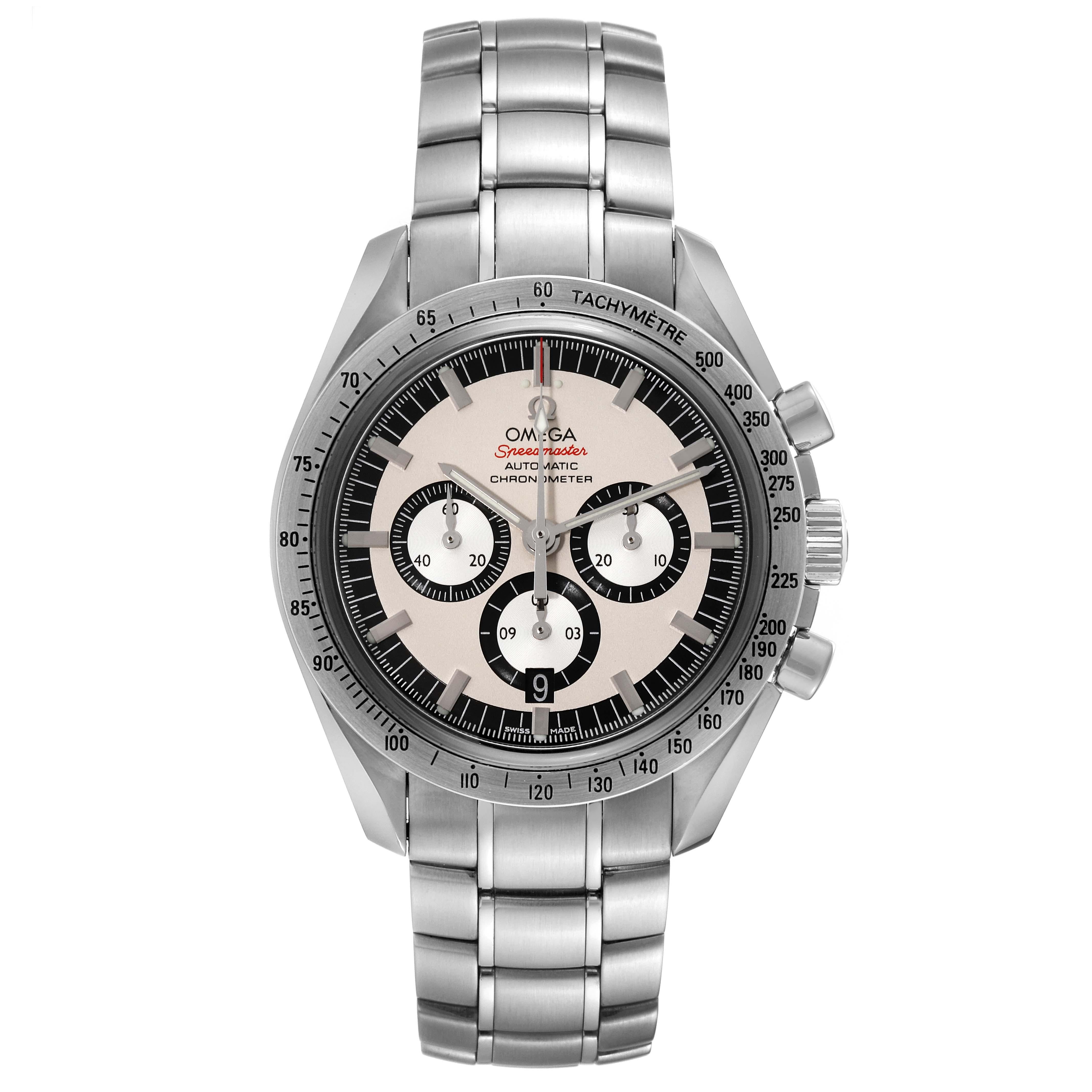 Omega Speedmaster Schumacher Legend Limited Edition Steel Mens Watch 3506.31.00 Card. Officially certified chronometer automatic self-winding Chronograph movement. Caliber 3301. Stainless steel case 42.0 mm in diameter. Omega logo on a crown. Case