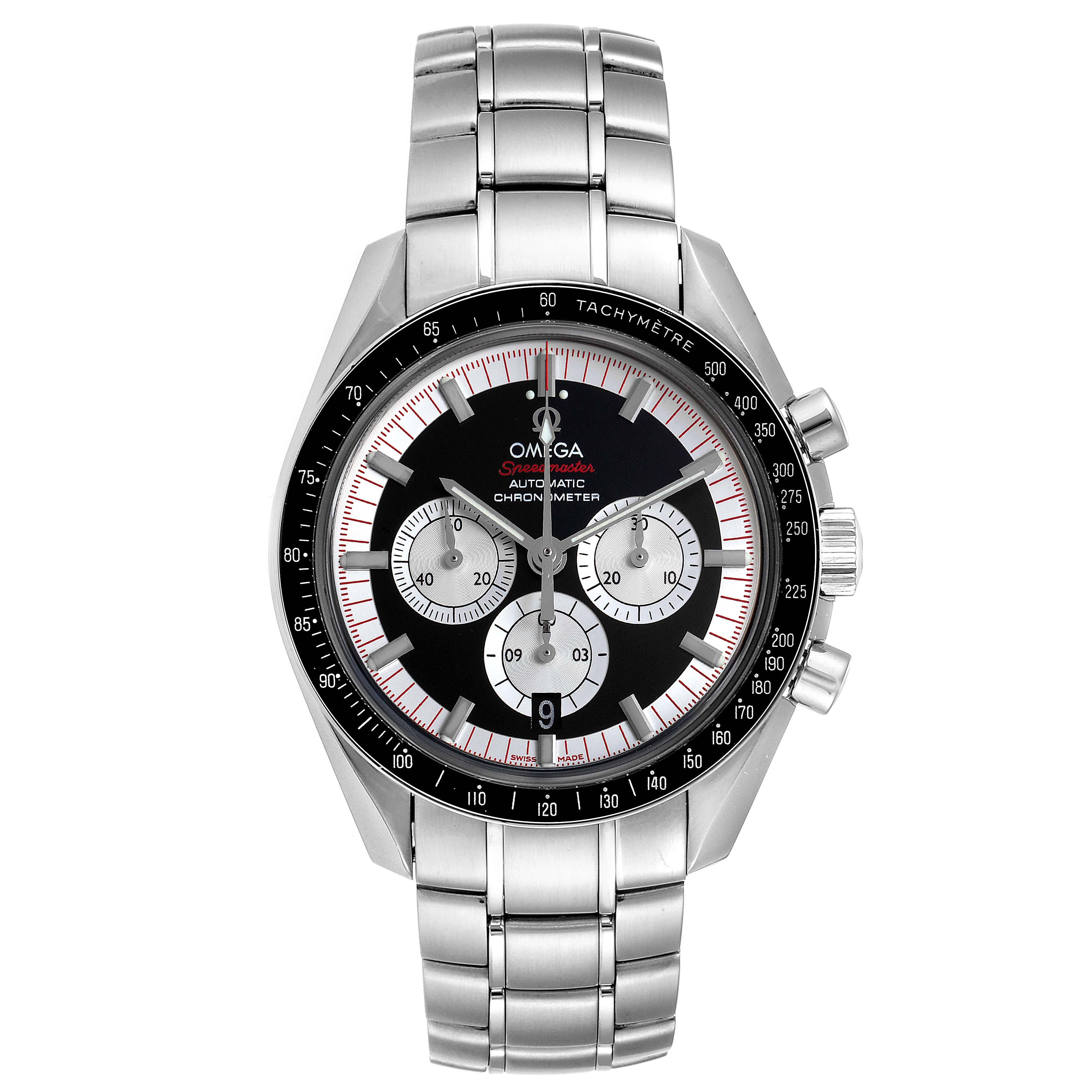 Omega Speedmaster Schumacher Legend Limited Edition Watch 3507.51.00. Automatic self-winding chronograph movement. Stainless steel round case 42.0 mm in diameter. Black ion-plated bezel with tachymetre function. Scratch-resistant sapphire crystal