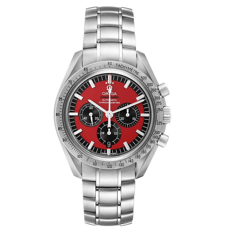 Omega Speedmaster Schumacher Legend Red LE Mens Watch 3506.61.00 Box Card. Automatic self-winding chronograph movement. Stainless steel round case 42.0 mm in diameter. Stainless steel bezel with tachymetre function. Scratch-resistant sapphire