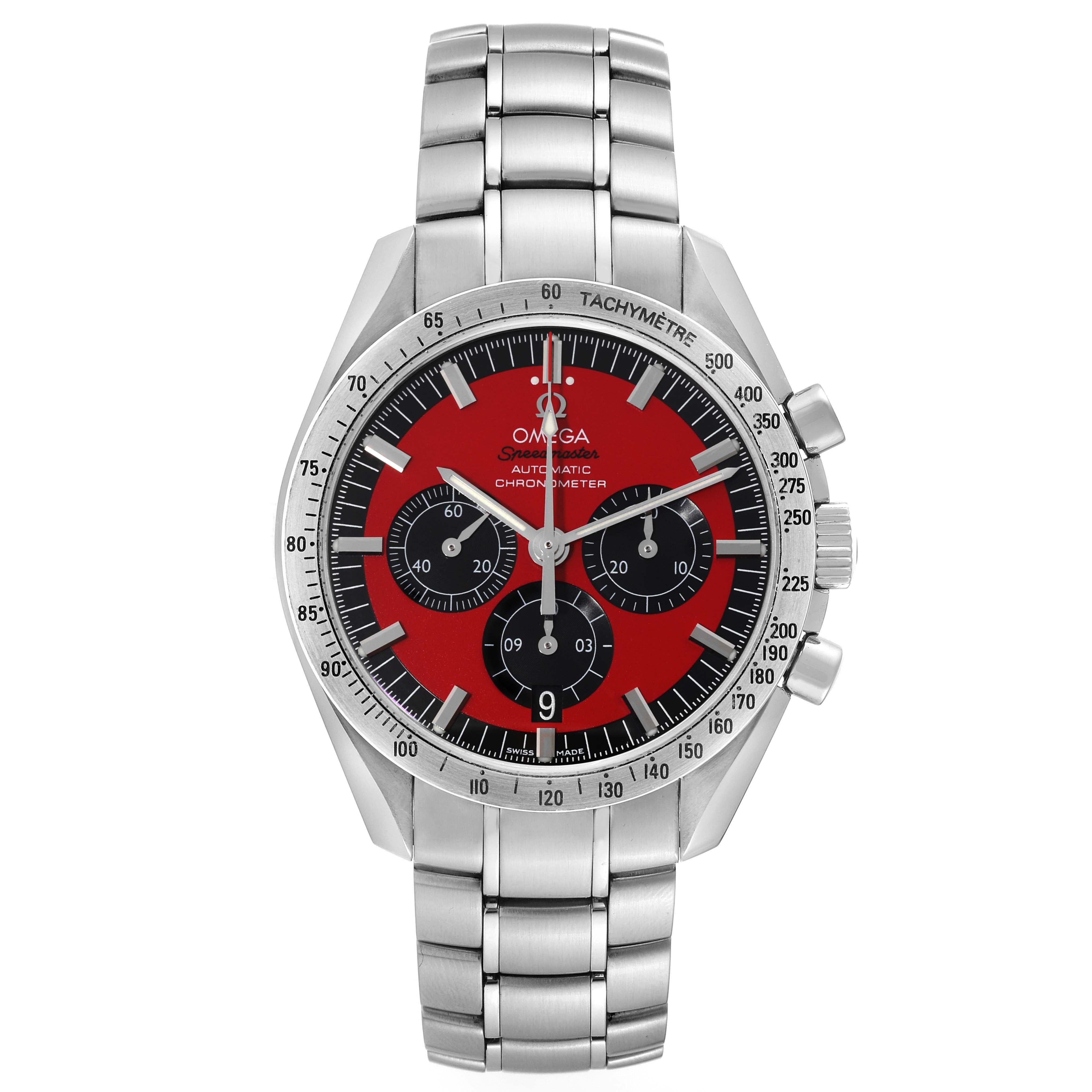 Omega Speedmaster Schumacher Legend Red Limited Edition Steel Mens Watch 3506.61.00. Automatic self-winding chronograph movement. Stainless steel round case 42.0 mm in diameter. Stainless steel bezel with tachymetre function. Scratch-resistant