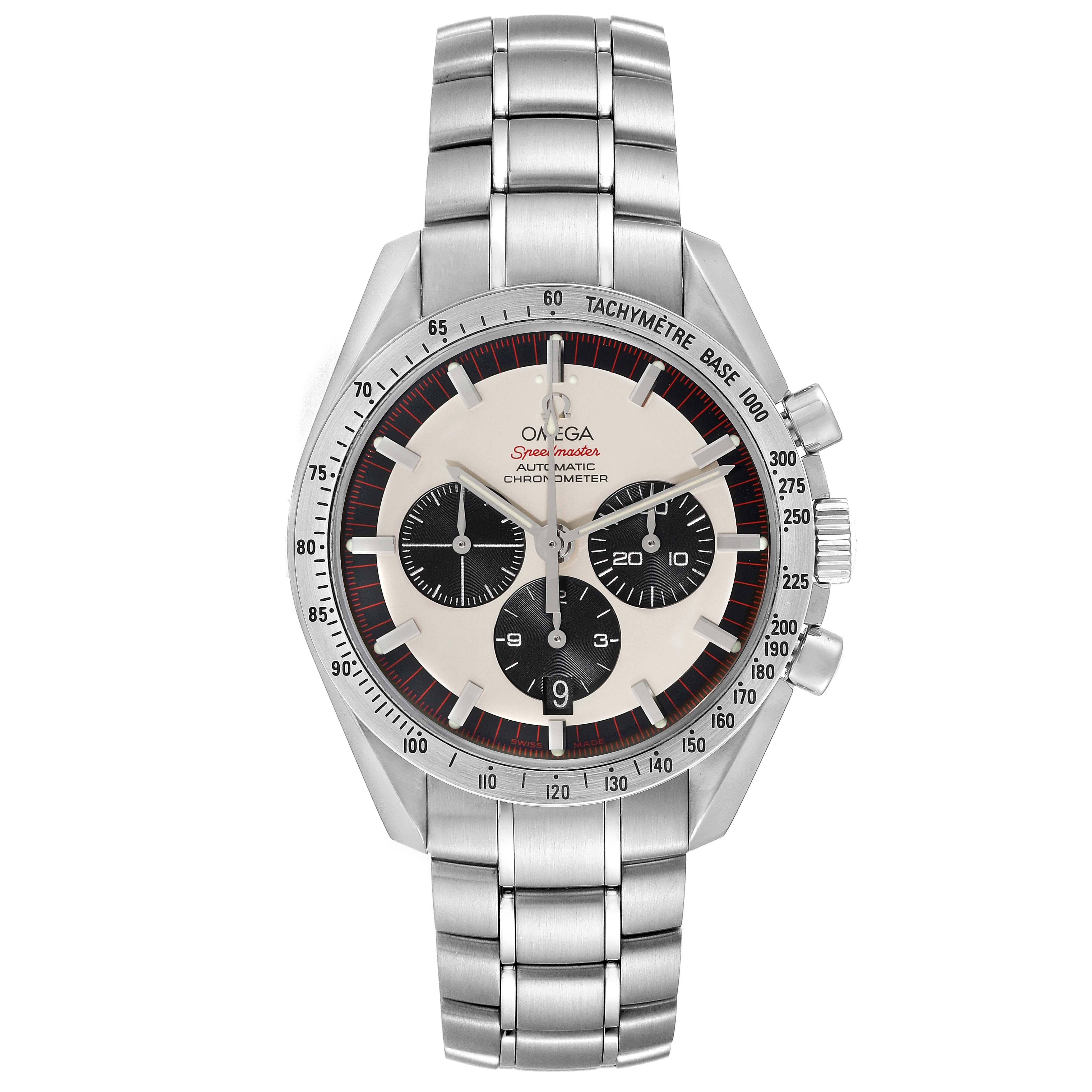 Omega Speedmaster Schumacher Limited Edition Steel Mens Watch 3559.32.00 Box Card. Officially certified chronometer automatic self-winding movement. Chronograph function. Stainless steel case 42.0 mm in diameter. Omega logo on the crown. 