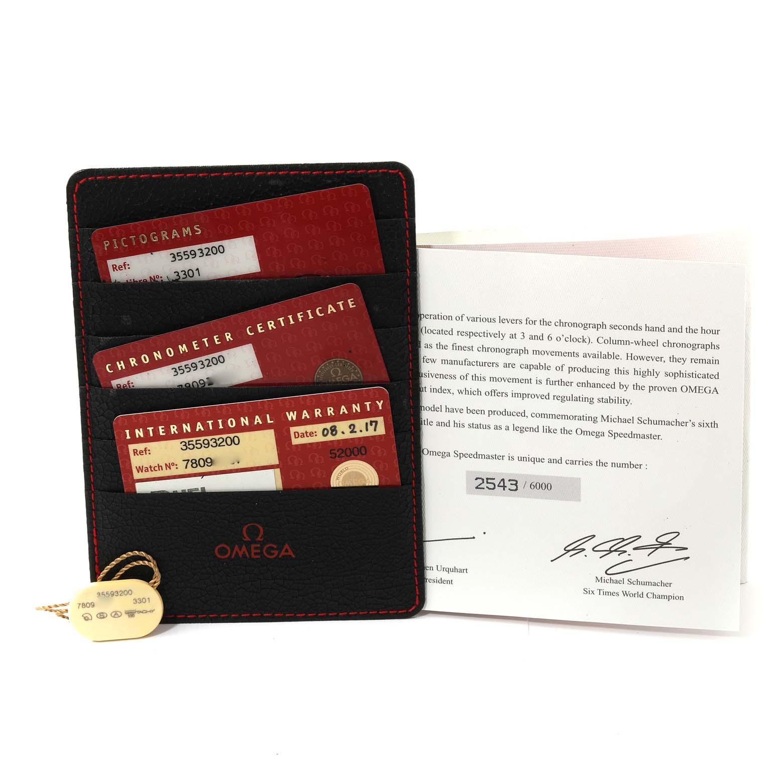 Omega Speedmaster Schumacher Limited Edition Steel Watch 3559.32.00 Box Card For Sale 2