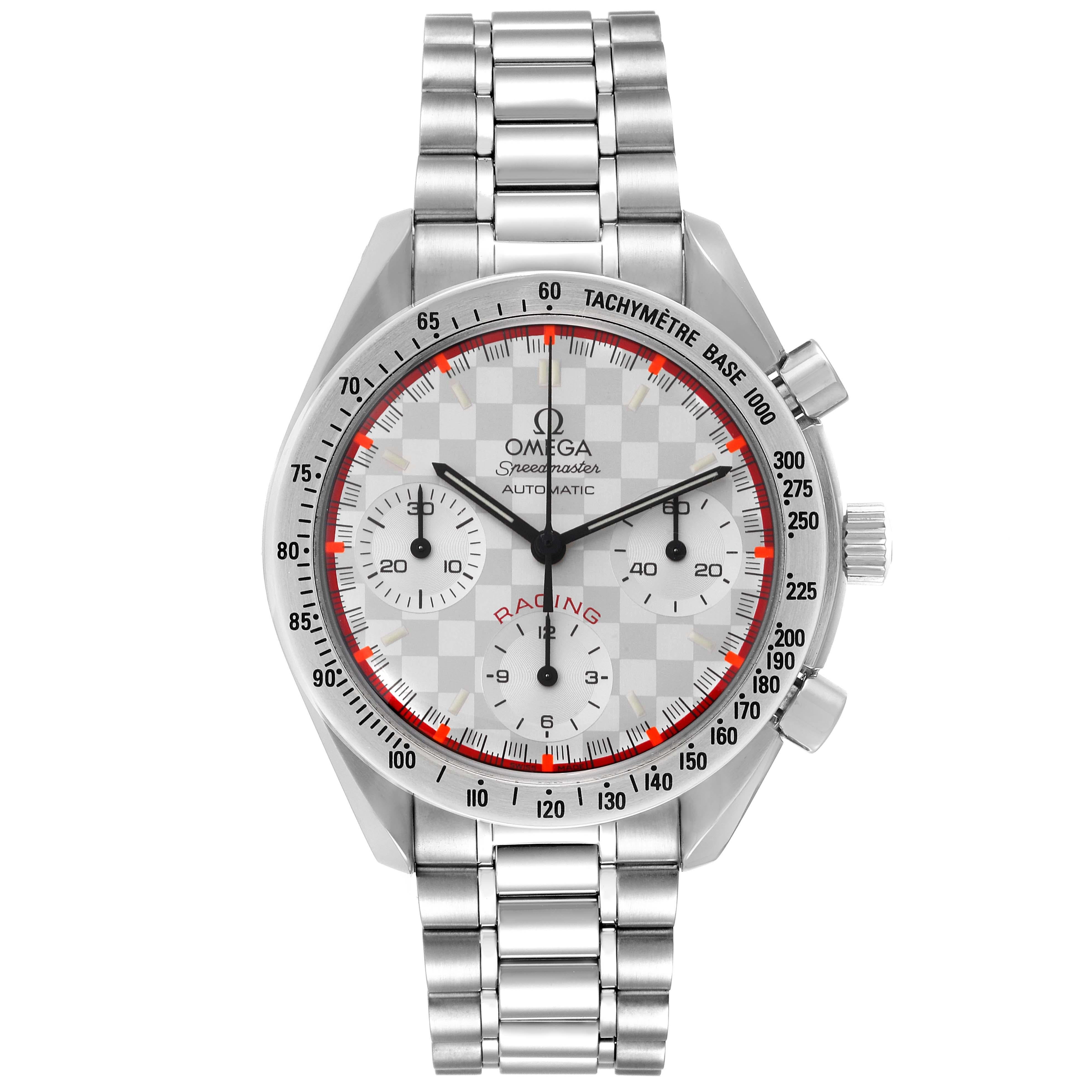 Omega Speedmaster Schumacher Racing LE Steel Mens Watch 3517.30.00 Box Card. Automatic self-winding movement. Caliber 3220. Stainless steel round case 39 mm in diameter. Stainless steel bezel with tachymeter function. Hesalite acrylic crystal.