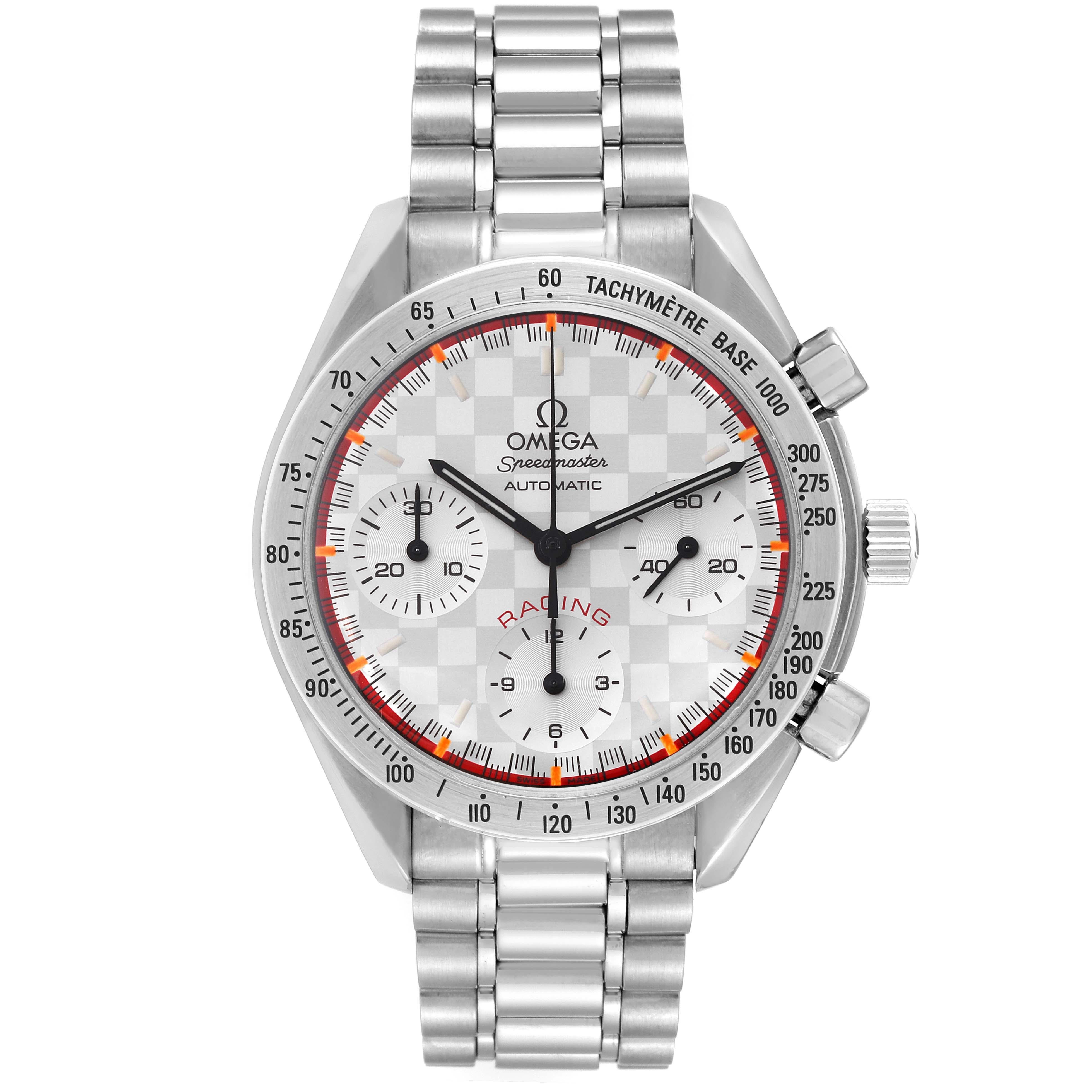 Omega Speedmaster Schumacher Racing LE Steel Mens Watch 3517.30.00 Card. Automatic self-winding movement. Caliber 3220. Stainless steel round case 39 mm in diameter. Stainless steel bezel with tachymeter function. Hesalite acrylic crystal. Silver