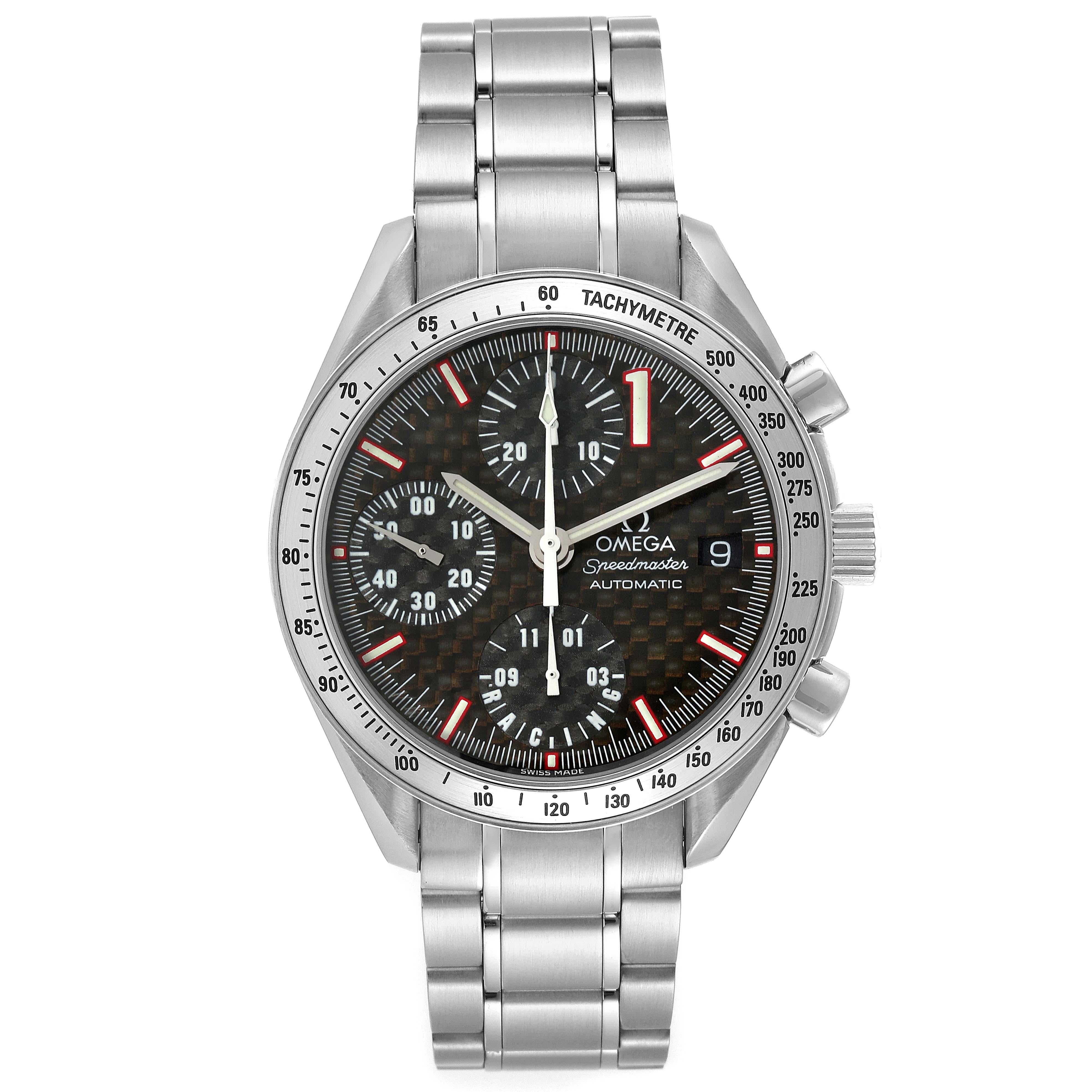 Omega Speedmaster Schumacher Racing LE Steel Mens Watch 3519.50.00 Box Card. Automatic self-winding chronograph movement. Stainless steel round case 39.0 mm in diameter. Caseback engraved with Michael Schumacher's signature and inscription 'World