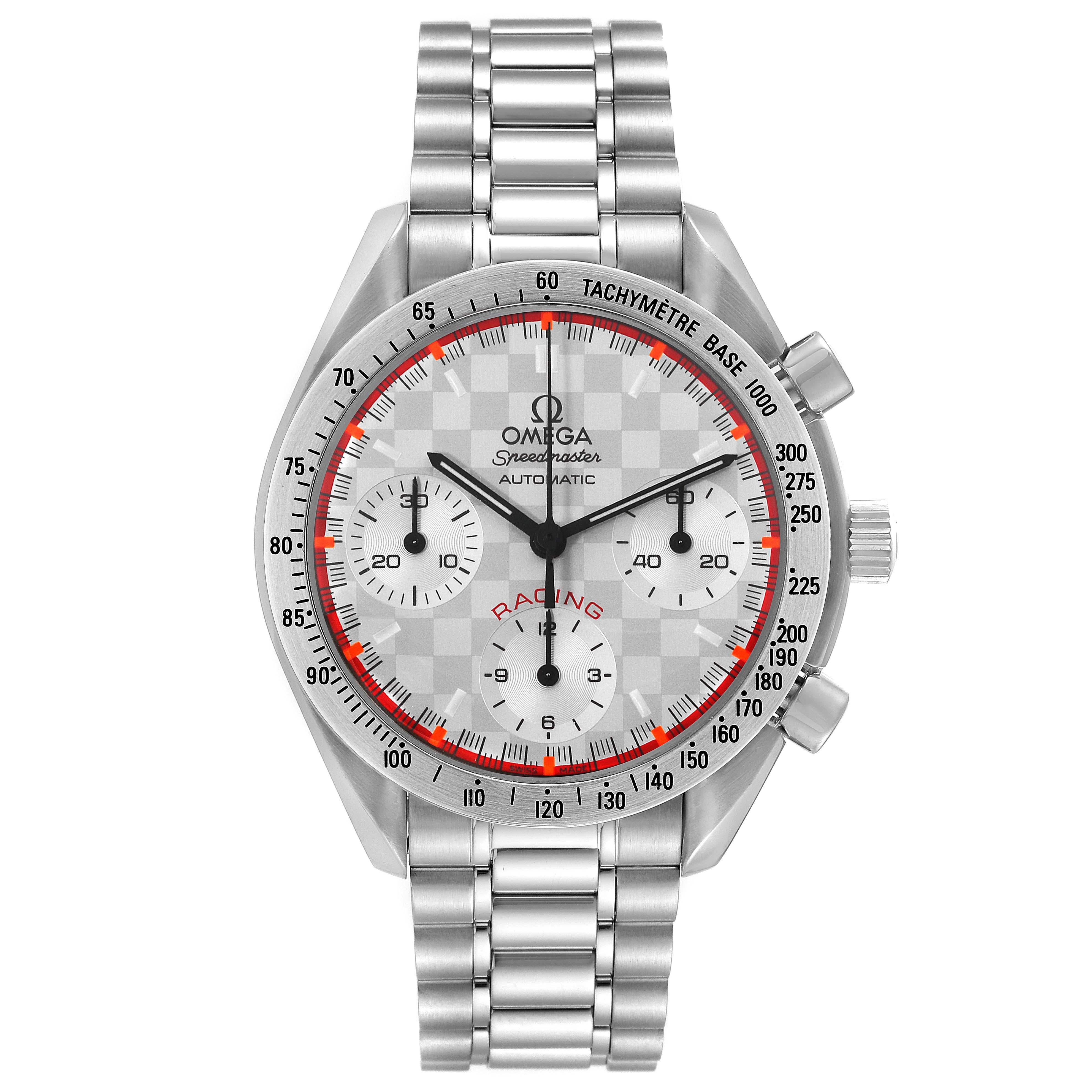 Omega Speedmaster Schumacher Racing Limited Edition Steel Mens Watch 3517.30.00. Automatic self-winding movement. Caliber 3220. Stainless steel round case 39 mm in diameter. Stainless steel bezel with tachymeter function. Hesalite crystal. Silver
