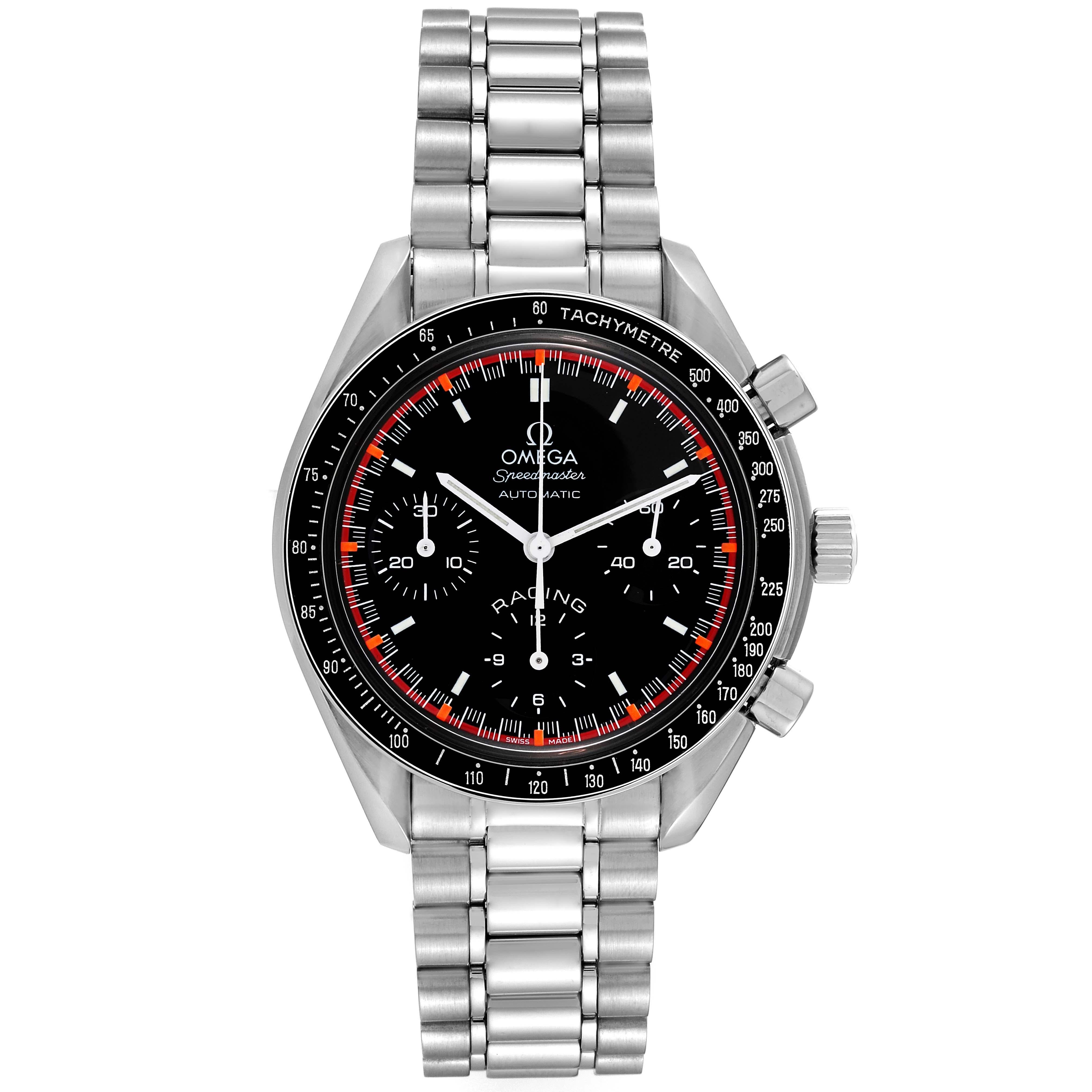 Omega Speedmaster Schumacher Racing Limited Edition Steel Mens Watch 3518.50.00 Box Card. Automatic self-winding movement. Caliber 3220. Stainless steel round case 39 mm in diameter. Stainless steel bezel with tachymeter function. Hesalite crystal.