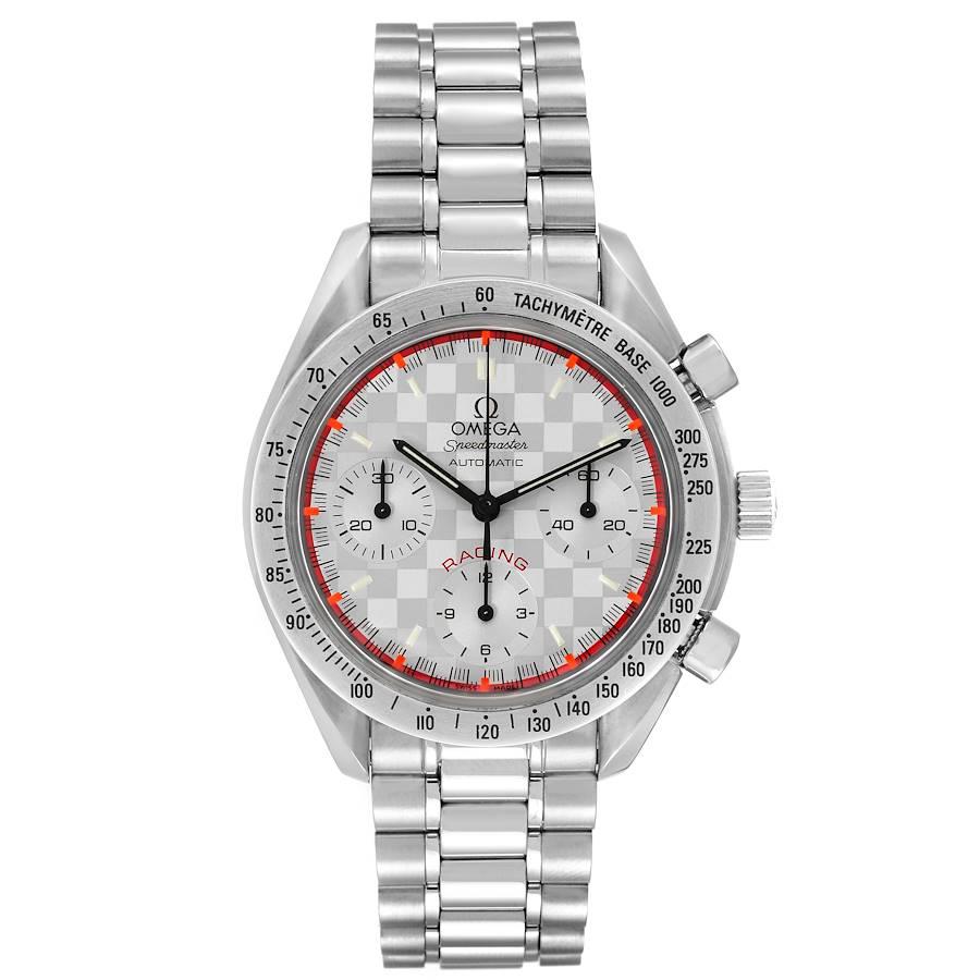 Omega Speedmaster Schumacher Racing Limited Edition Watch 3517.30.00. Authomatic self-winding movement. Caliber 3220. Stainless steel round case 39 mm in diameter. Stainless steel bezel with tachimeter function. Hesalite crystal. Silver checkered