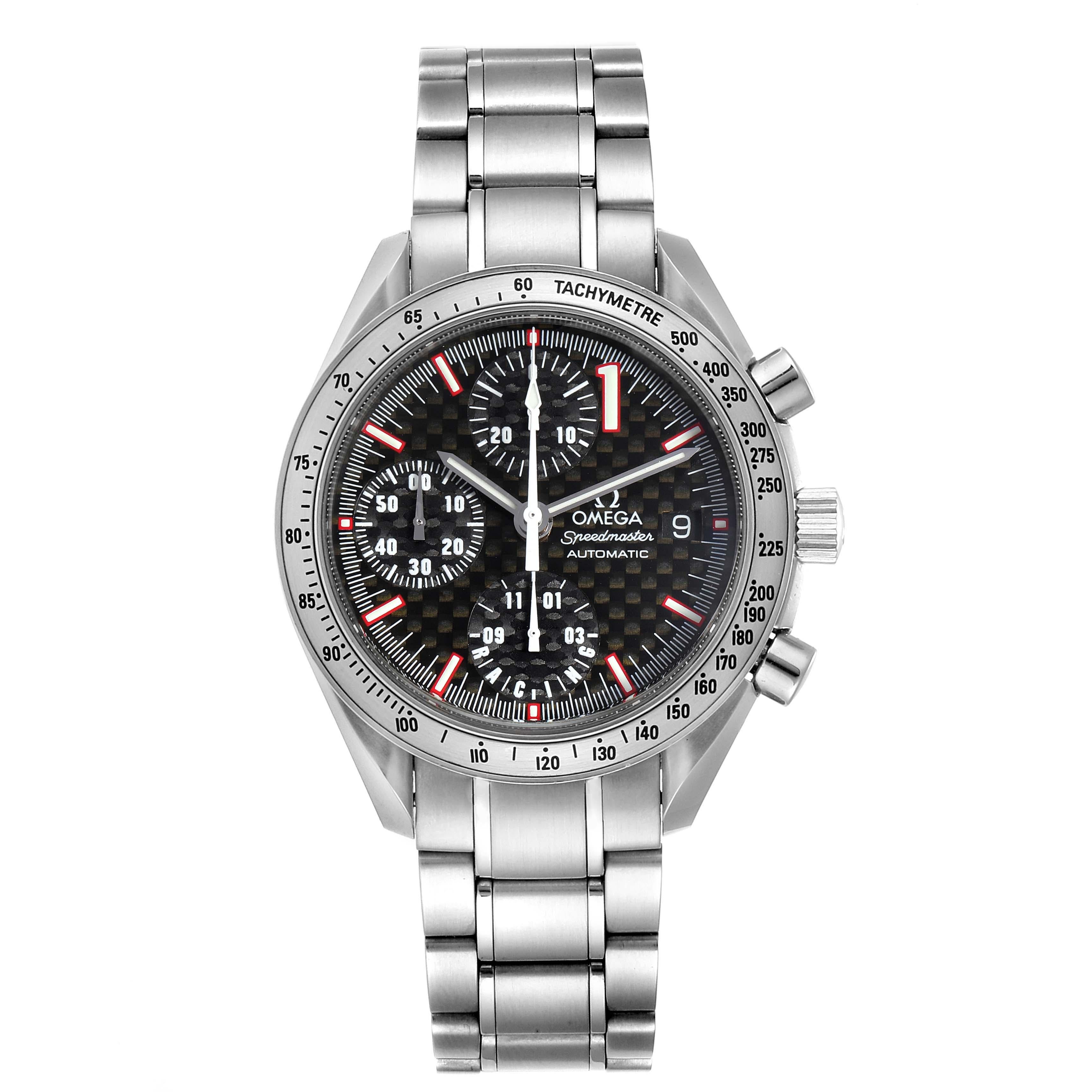 Omega Speedmaster Schumacher Racing Limited Edition Watch 3519.50.00. Automatic self-winding chronograph movement. Stainless steel round case 39.0 mm in diameter. Caseback engraved with Michael Schumacher's signature and inscription 'World Champion