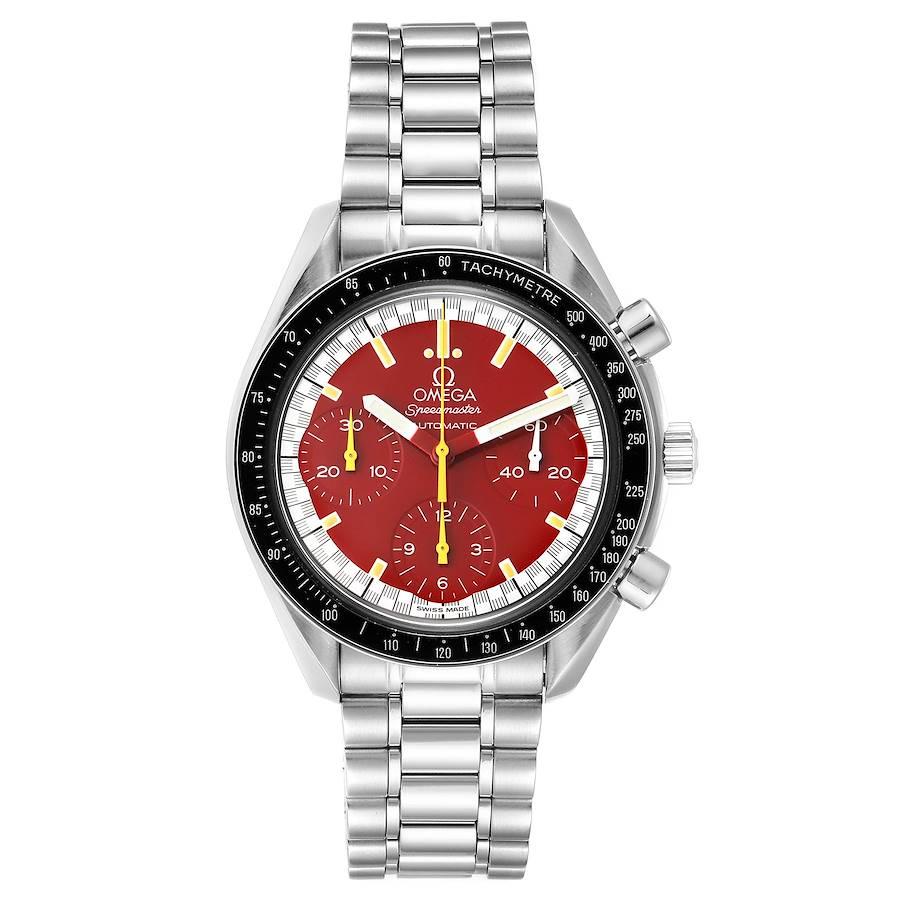 Omega Speedmaster Schumacher Red Dial Automatic Mens Watch 3510.61.00. Automatic self-winding chronograph movement. Stainless steel round case 39.0 mm in diameter. Fixed black bezel with tachymetre function. Acrylic crystal. Red dial with luminous