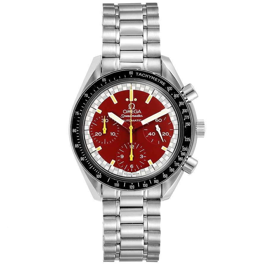 Omega Speedmaster Schumacher Red Dial Herrenuhr 3510.61.00 Box Papiere. Automatisches Chronographenwerk mit Selbstaufzug. Rundes Edelstahlgehäuse mit einem Durchmesser von 39::0 mm. Schwarze Lünette mit Tachymeterfunktion. Acrylglas. Rotes