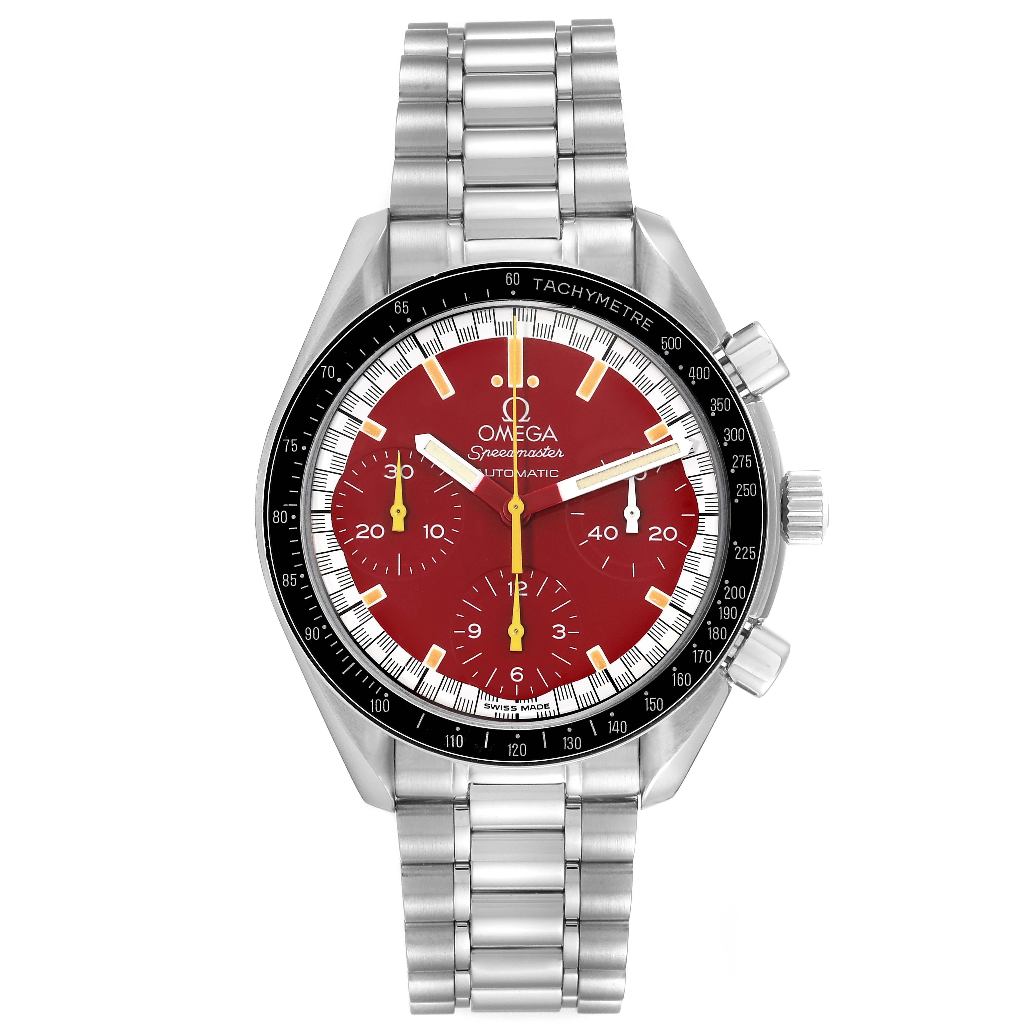 Omega Speedmaster Schumacher Red Dial Steel Mens Watch 3510.61.00 Box Card. Automatic self-winding chronograph movement. Stainless steel round case 39.0 mm in diameter. Black bezel with tachymetre function. Acrylic crystal. Red dial with luminous