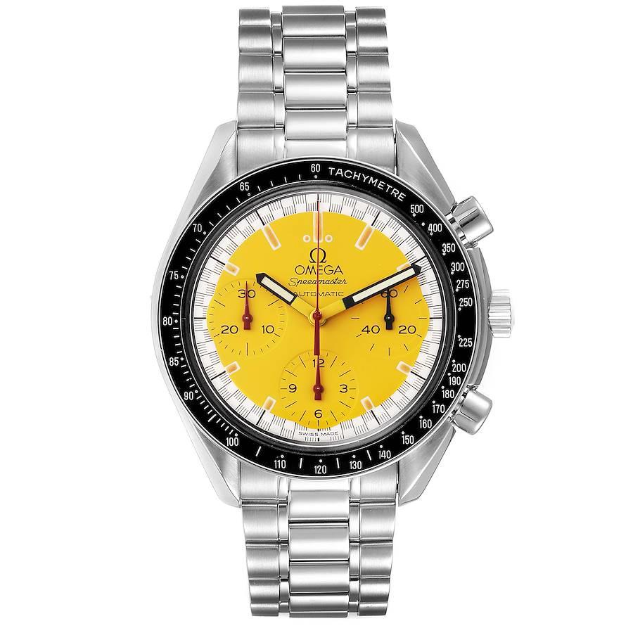 Omega Speedmaster Schumacher Yellow Dial Automatic Mens Watch 3510.12.00. Automatic self-winding chronograph movement. Stainless steel round case 39.0 mm in diameter. Black uni-directional rotating tachymeter bezel. Scratch-resistant sapphire