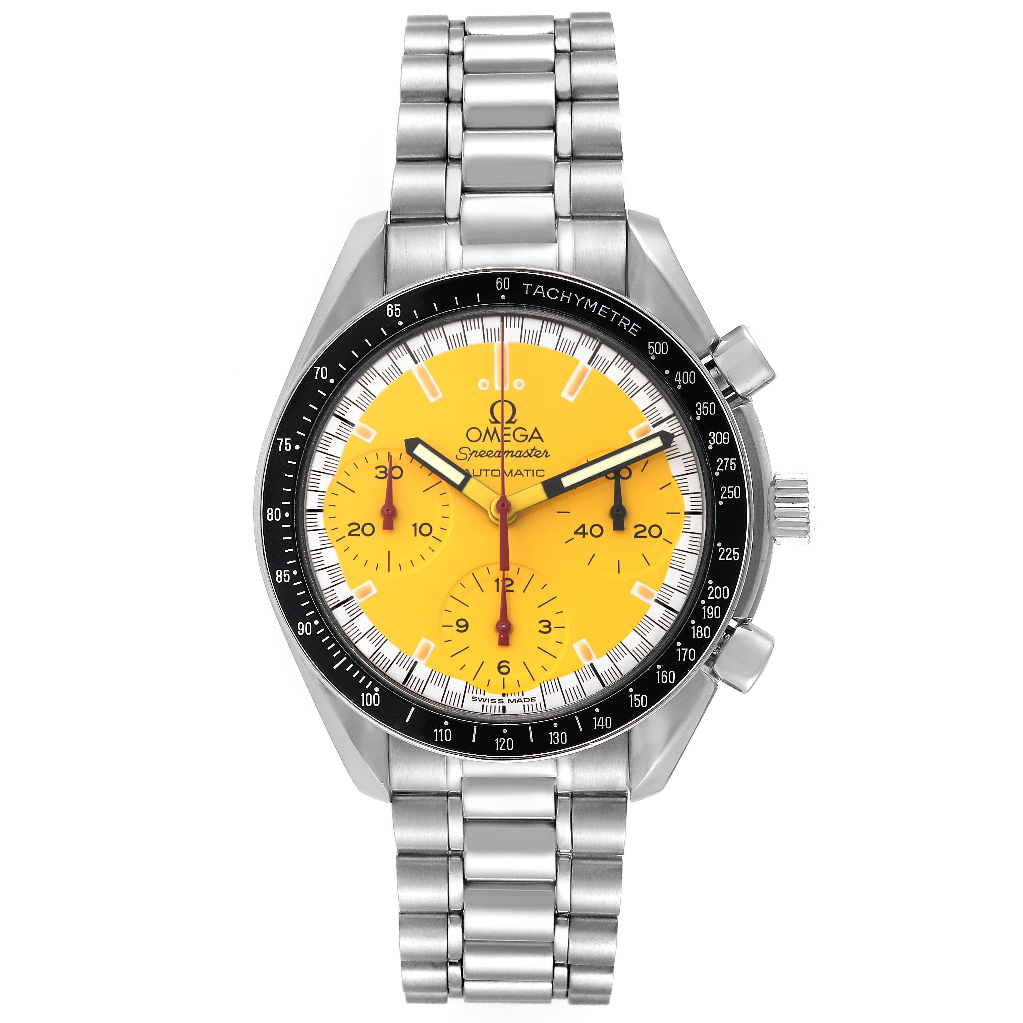 Omega Speedmaster Schumacher Yellow Dial Automatic Steel Mens Watch 3510.12.00. Automatic self-winding chronograph movement. Stainless steel round case 39.0 mm in diameter. Black tachymeter bezel. Scratch-resistant sapphire crystal. Yellow dial with