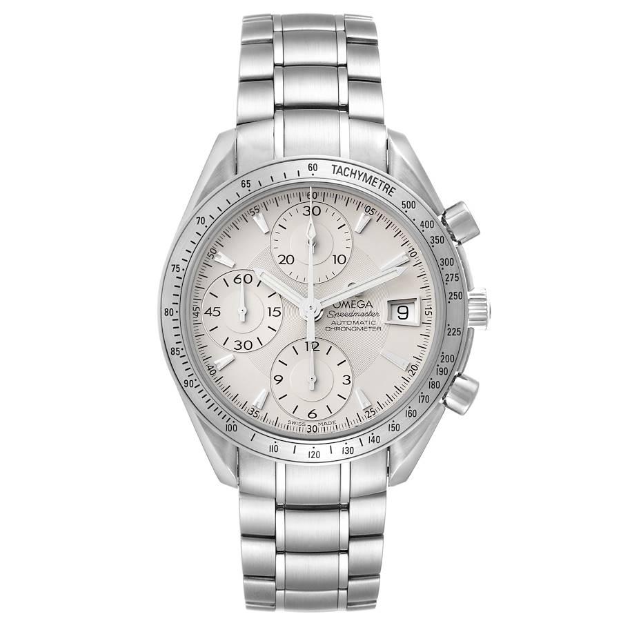 Omega Speedmaster Silber Zifferblatt Chronograph Herrenuhr 3211.30.00 Box-Karte. Automatisches Chronographenwerk mit Selbstaufzug. Rundes Edelstahlgehäuse mit einem Durchmesser von 40 mm. Lünette aus Edelstahl mit Tachymeterfunktion. Kratzfestes