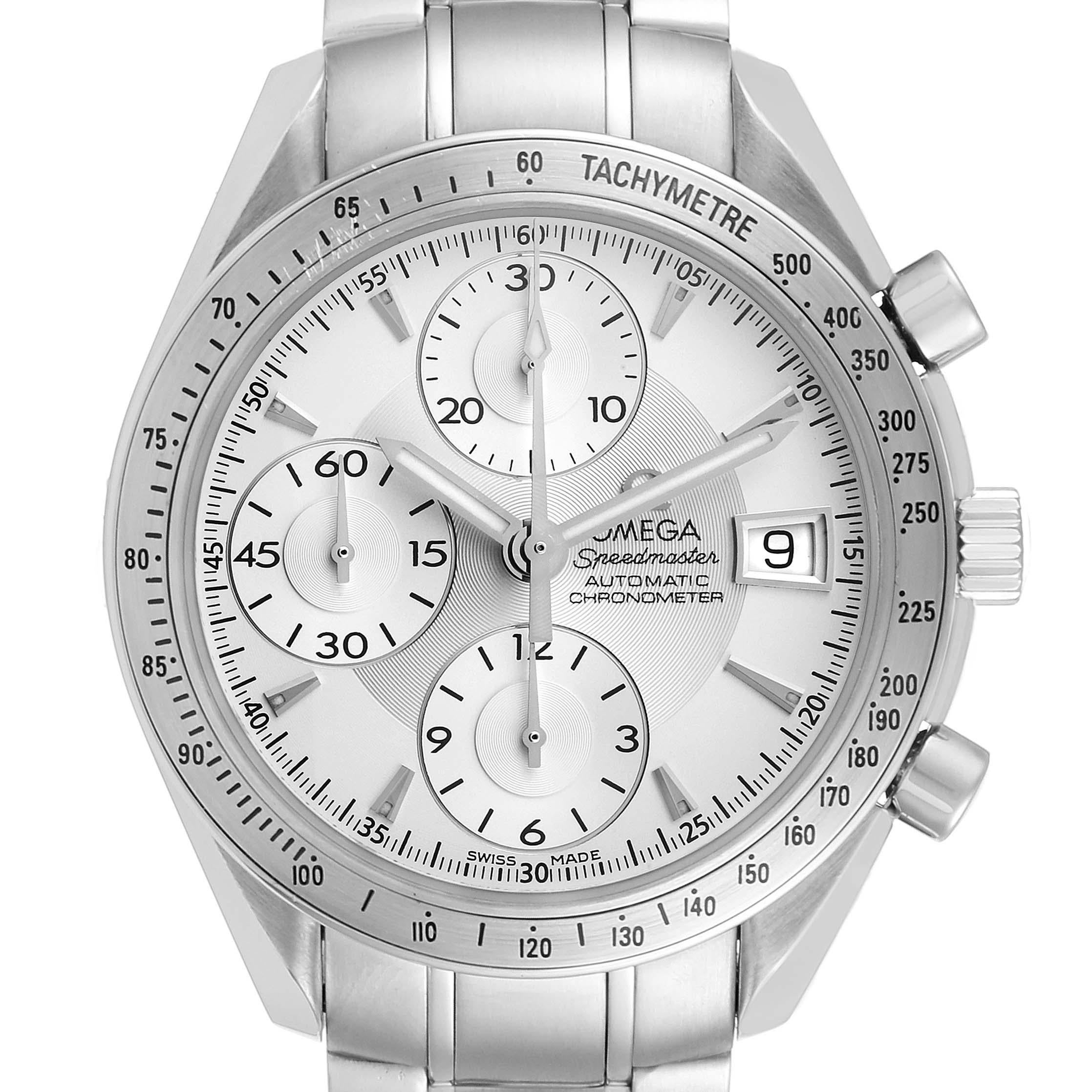 Omega Speedmaster Silver Dial Chronograph Mens Watch 3211.30.00 Card. Automatic self-winding chronograph movement. Caliber 1164. Stainless steel round case 40 mm in diameter. Stainless steel bezel with tachymetre function. Scratch-resistant sapphire