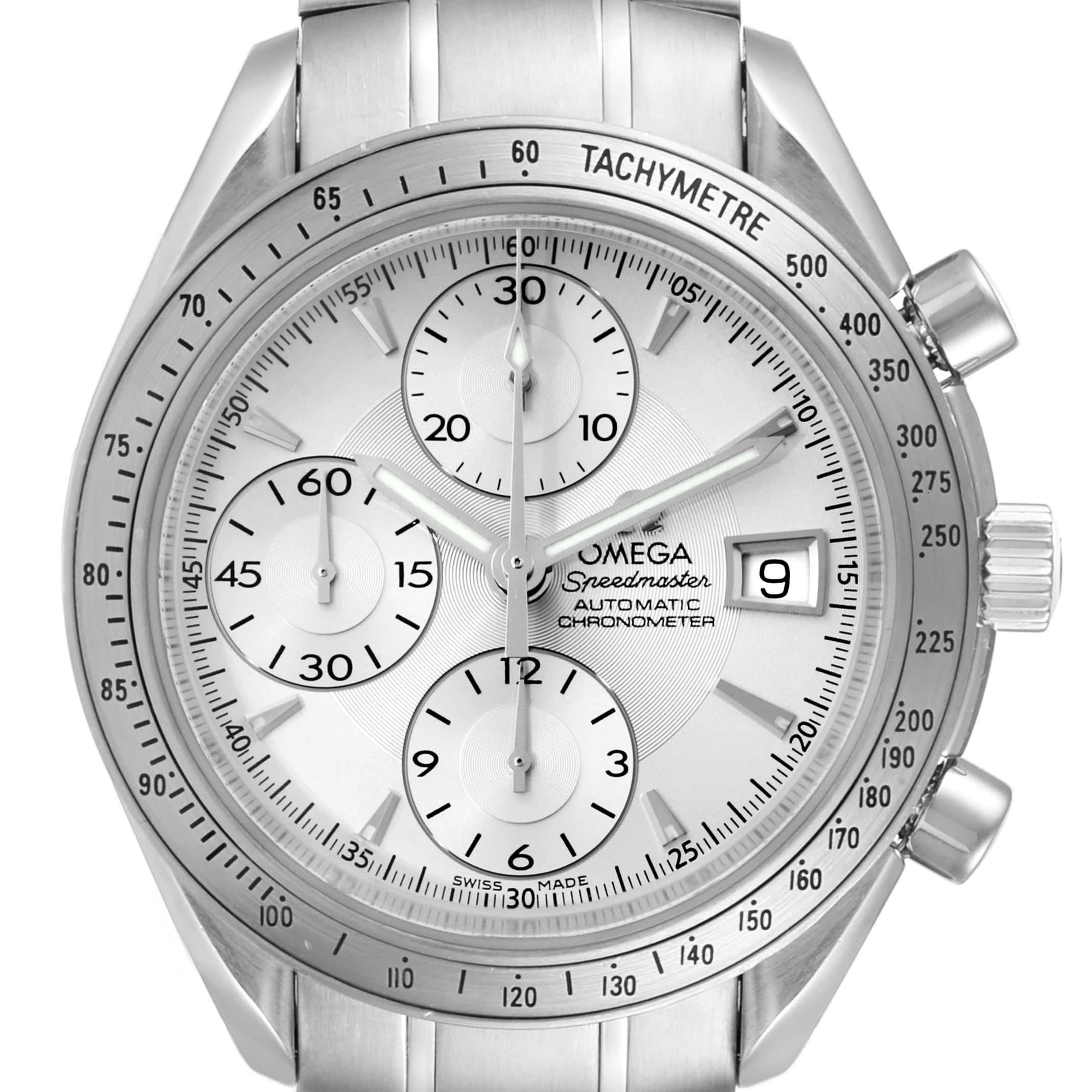 Omega Speedmaster Silver Dial Chronograph Mens Watch 3211.30.00. Automatic self-winding chronograph movement. Caliber 1164. Stainless steel round case 40 mm in diameter. Stainless steel bezel with tachymetre function. Scratch-resistant sapphire