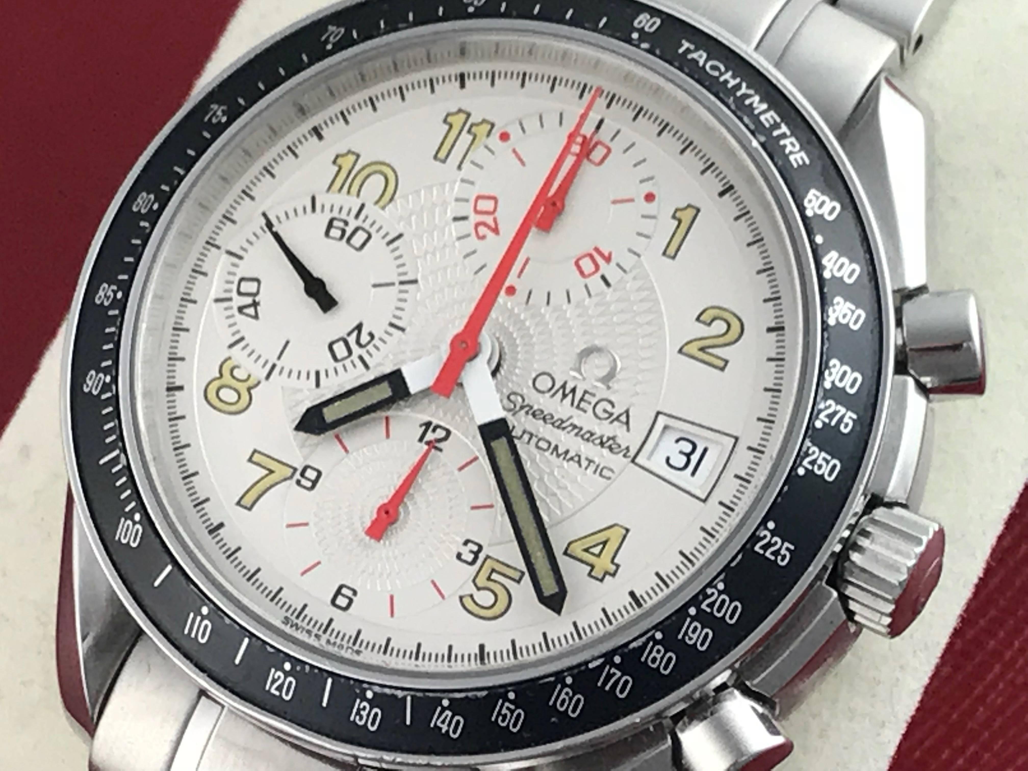 Mens Omega Speedmaster Model  3513.33.00 Stainless Steel Wristwatch.  Automatic Winding Movement with Date and Chronograph. Stainless Steel case with black Tachymetre bezel (37mm dia.). Stainless Steel Omega bracelet with deployant clasp. Silvered