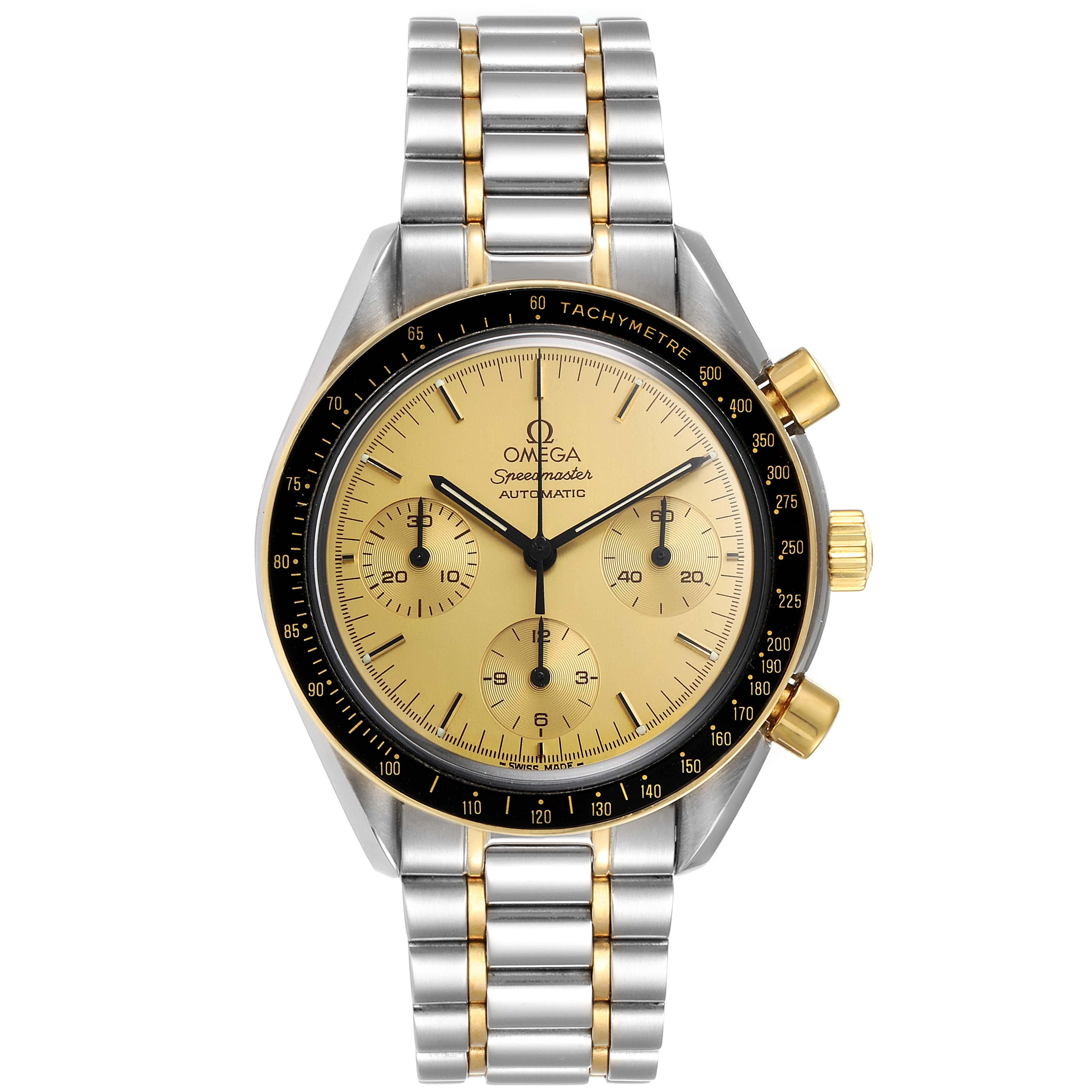 Omega Speedmaster Steel 18K Yellow Gold Automatic Watch 3310.10.00. Automatic self-winding chronograph movement. Stainless steel and yellow gold round case 39.0 mm in diameter. Black yellow gold treammed bezel with tachymetre function. Hasalite