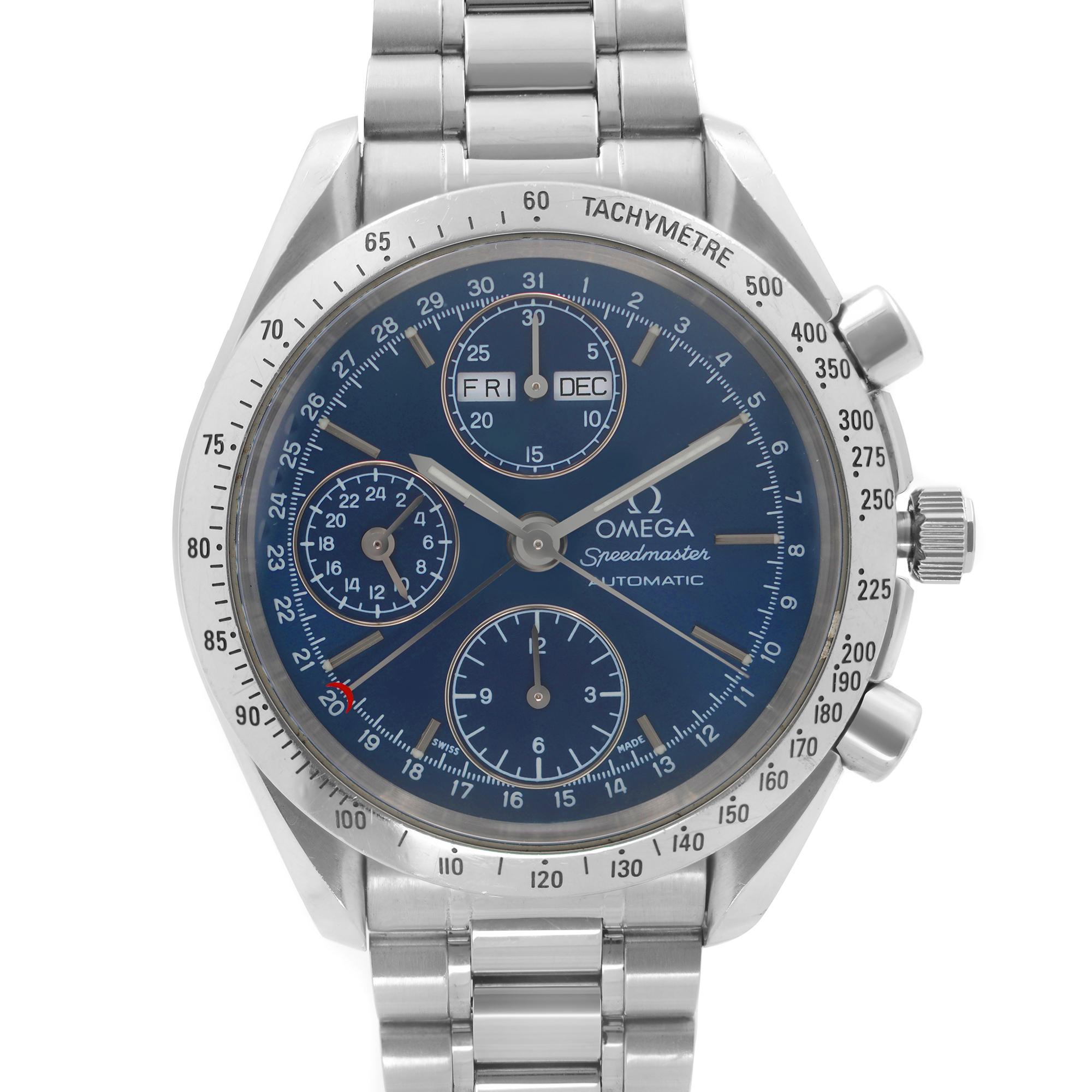Pre Owned Omega Speedmaster Steel Chronograph Blue Dial Automatic Mens Watch 3521.80. Cette pièce d'horlogerie présente les caractéristiques suivantes : Boîtier et bracelet en acier inoxydable, lunette fixe en acier inoxydable avec tachymètre,