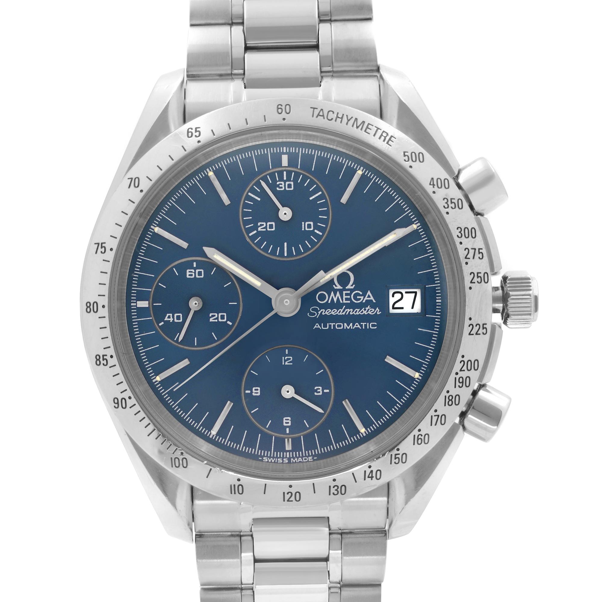 Pre-owned Omega Speedmaster Chronograph Steel Blue Dial Automatic Men's Watch 3511.80.00. This Timepiece Features: Stainless Steel Case and Bracelet, Fixed Stainless Steel Bezel with Engraved Tachymeter, Blue Dial with Silver-Tone Luminous Hands and