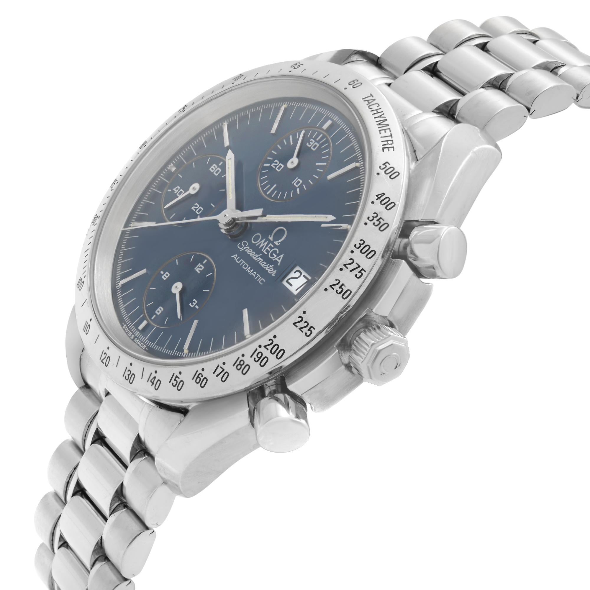 Omega Speedmaster Steel Chronograph Blue Dial Mens Automatic Watch 3511.80.00 In Good Condition In New York, NY