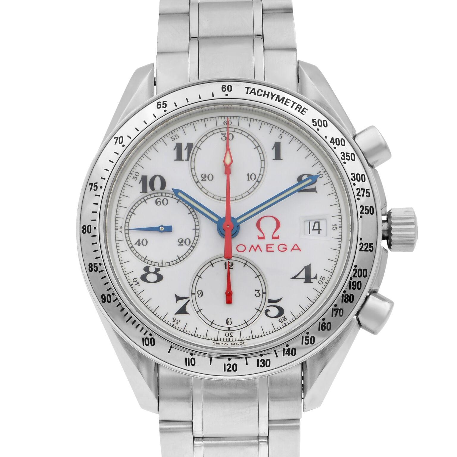 This pre-owned Omega Speedmaster 3515.20.00 is a beautiful men's timepiece that is powered by mechanical (automatic) movement which is cased in a stainless steel case. It has a round shape face, chronograph, chronograph hand, date indicator dial and