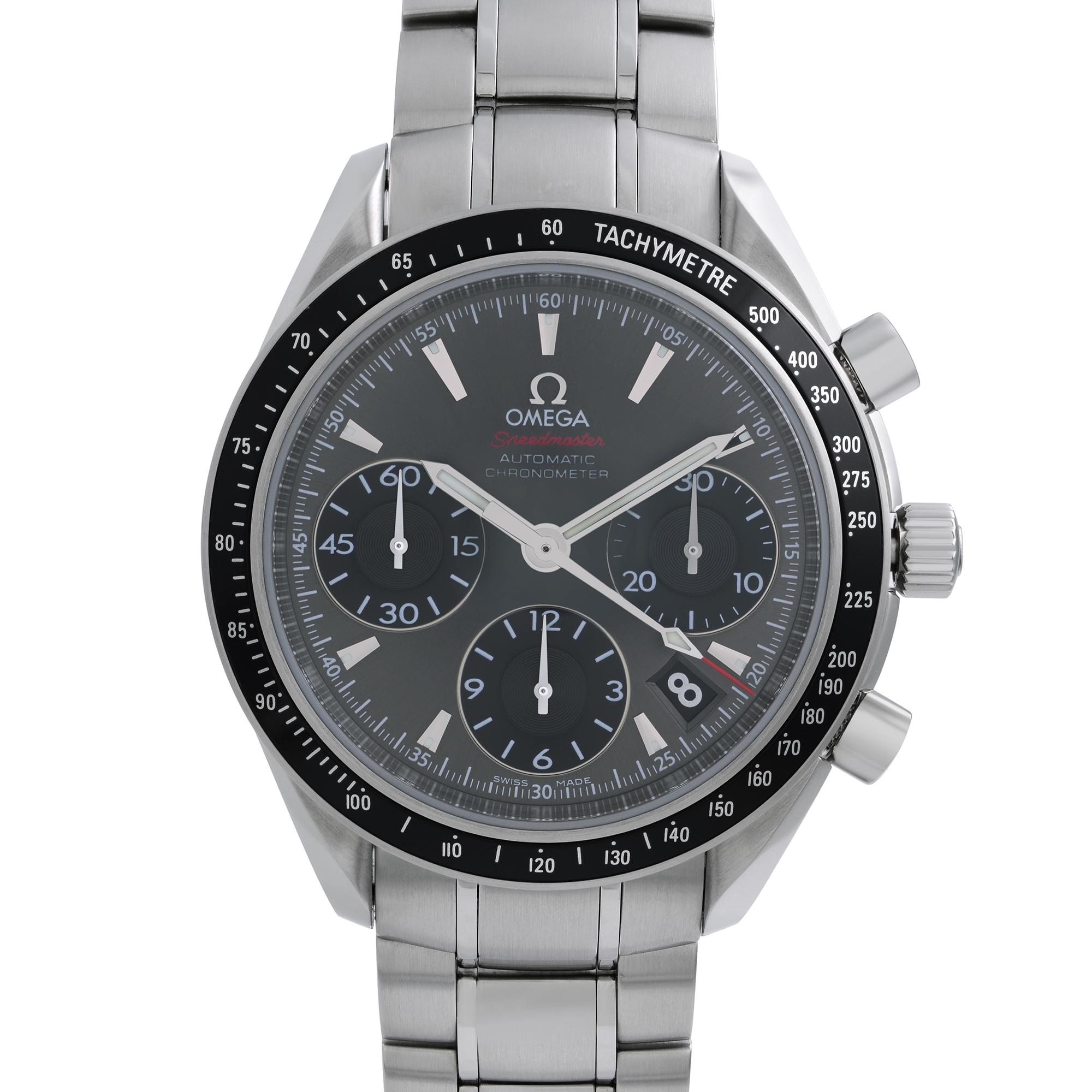Pre-Owned Omega Speedmaster Steel Grey Dial Automatic Men's Watch. This Beautiful Timepiece Features: Stainless Steel Case with a Stainless Steel Bracelet, Fixed Black Ion-Plated Bezel with Tachymeter. Original Box and Papers are Included. Covered
