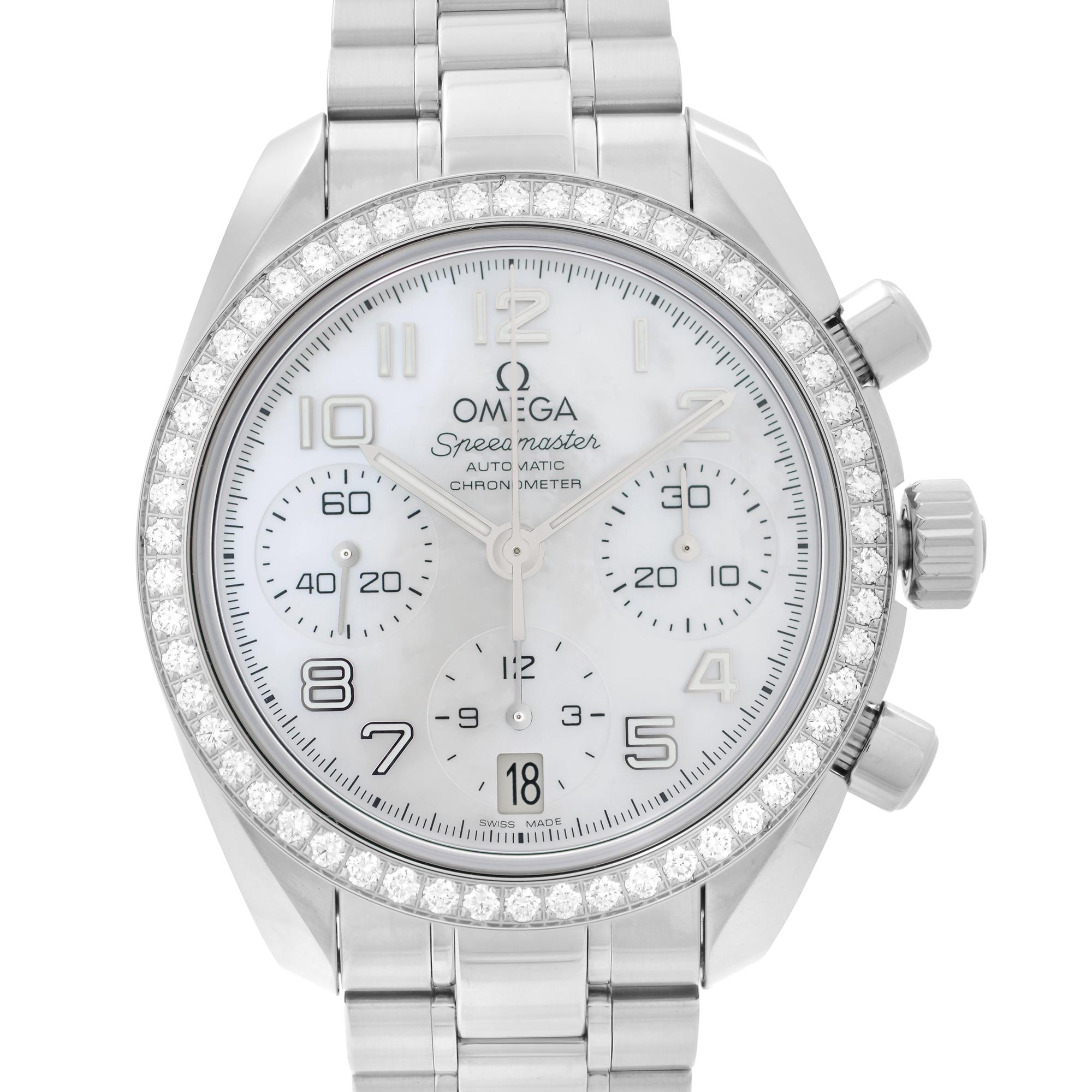 Display Model OMEGA Speedmaster MOP Dial Diamond Bezel Ladies Watch 324.15.38.40.05.001. This Beautiful Timepiece Features: Stainless Steel Case with a Stainless Steel Bracelet. Fixed Stainless Steel Bezel with Diamond Set. Mother of Pearl Dial with