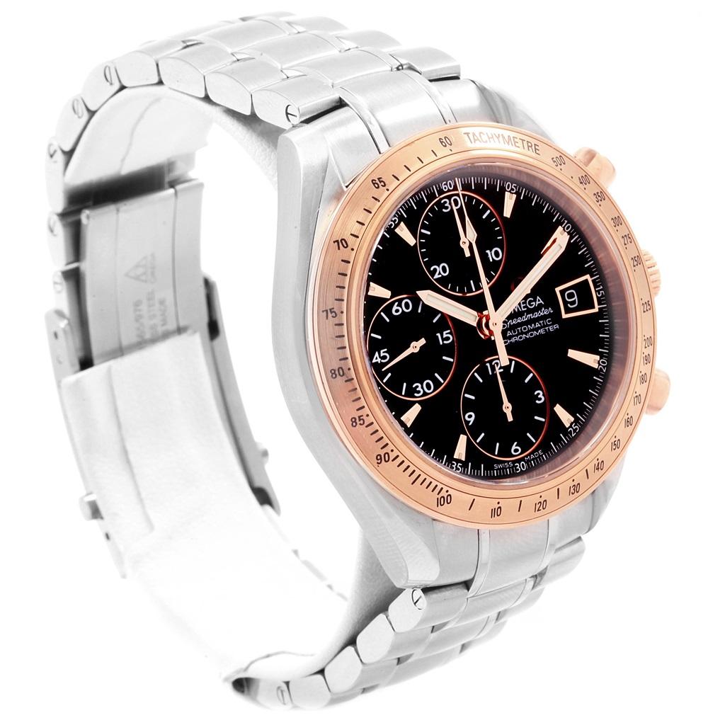 Omega Speedmaster Steel Rose Gold Watch 323.21.40.40.01.001 Box Card. Authomatic self-winding winding chronograph movement. Stainless steel round case 40 mm in diameter. Fixed rose gold bezel with tachymetre function. Scratch-resistant sapphire