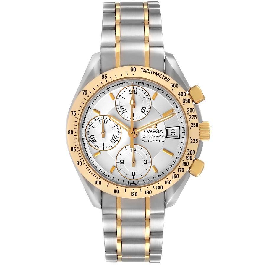 Omega Speedmaster Steel Yellow Gold Automatic Mens Watch 3313.30.00. Automatic self-winding chronograph movement. Stainless steel and yellow gold round case 39.0 mm in diameter. 18K yellow gold bezel with tachymeter function. Scratch-resistant