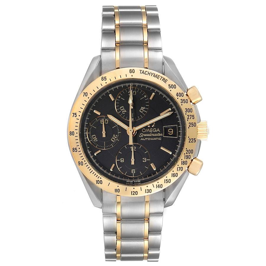 Omega Speedmaster Steel Yellow Gold Automatic Mens Watch 3313.50.00. Automatic self-winding chronograph movement. Stainless steel and yellow gold round case 39.0 mm in diameter. 18K yellow gold bezel with tachymeter function. Scratch-resistant