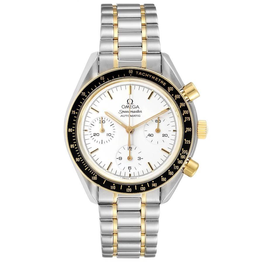 Omega Speedmaster Steel Yellow Gold Chronograph Mens Watch 3310.20.00 Card. Automatic self-winding chronograph movement. Stainless steel and yellow gold round case 39.0 mm in diameter. Black yellow gold treammed bezel with tachymetre function.
