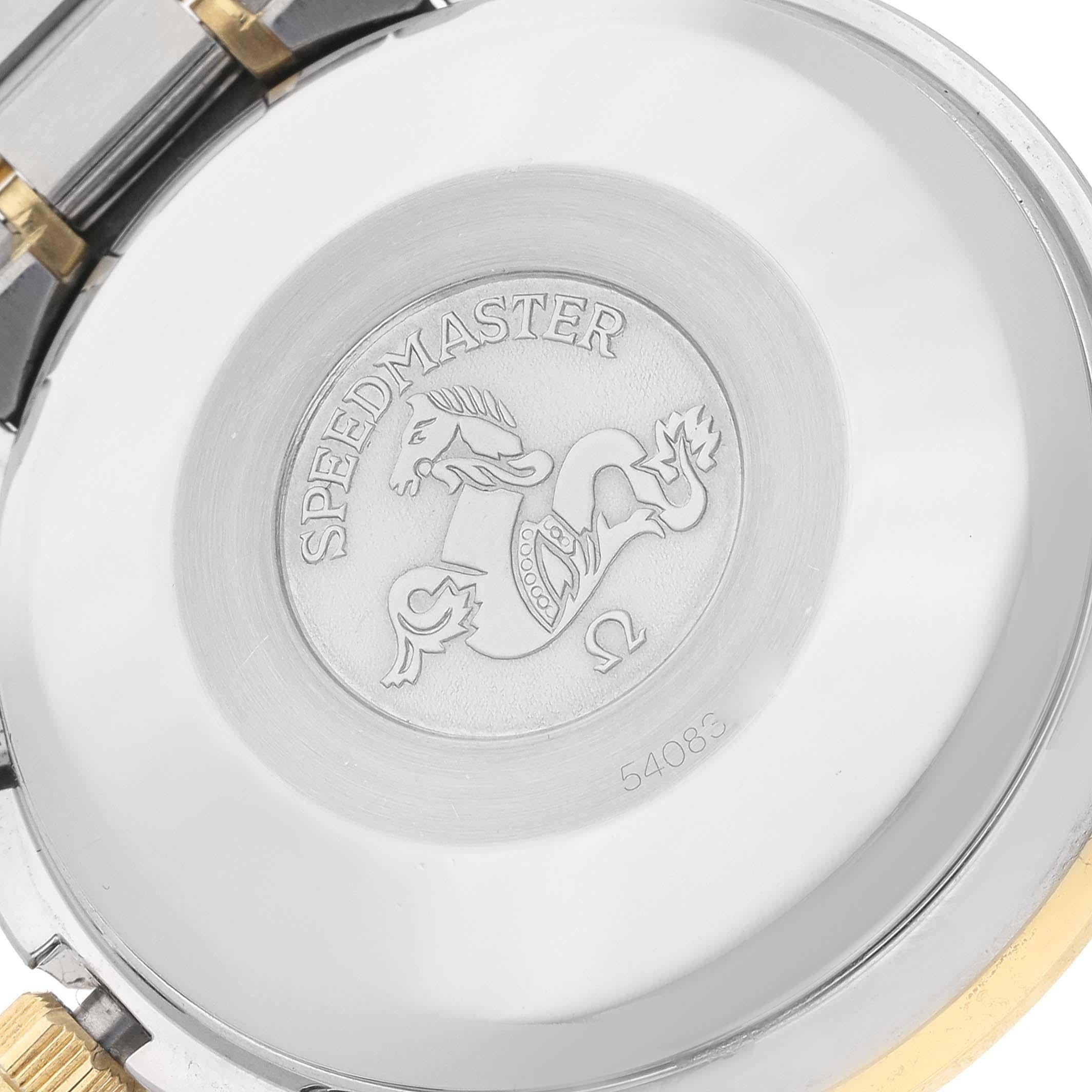 Omega Speedmaster Steel Yellow Gold Mens Watch 3311.10.00. Automatic self-winding winding chronograph movement. Stainless steel round case 39 mm in diameter. Omega logo on an 18k yellow gold crown. 18k yellow gold bezel with tachymetre function.
