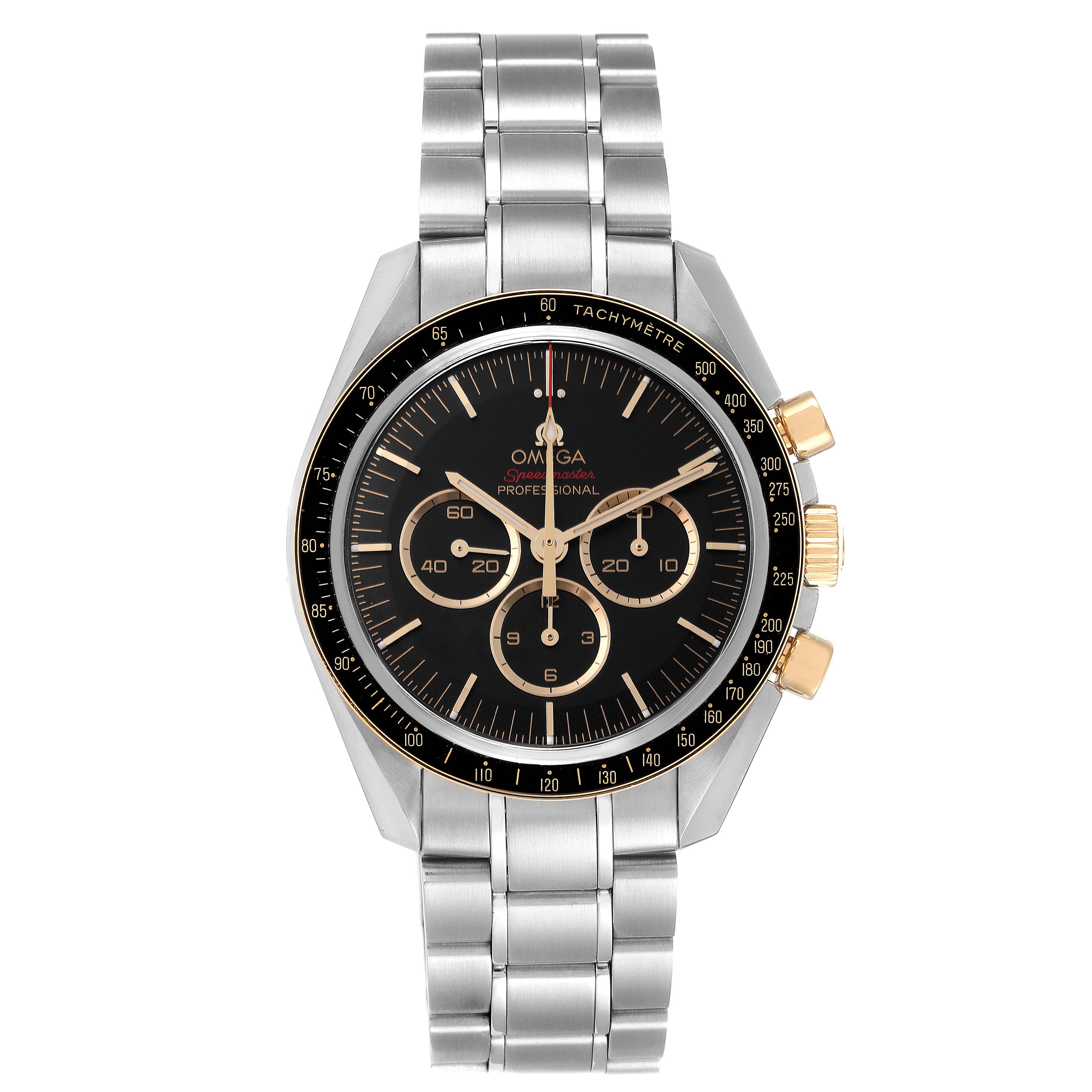 Omega Speedmaster Tokyo 2020 Limited Edition Steel Mens Watch 522.20.42.30.01.001 Box Card. Manual winding chronograph movement. Stainless steel round case 42.0 mm in diameter. 18k yellow gold bezel with black aluminum tachymeter insert. Scratch