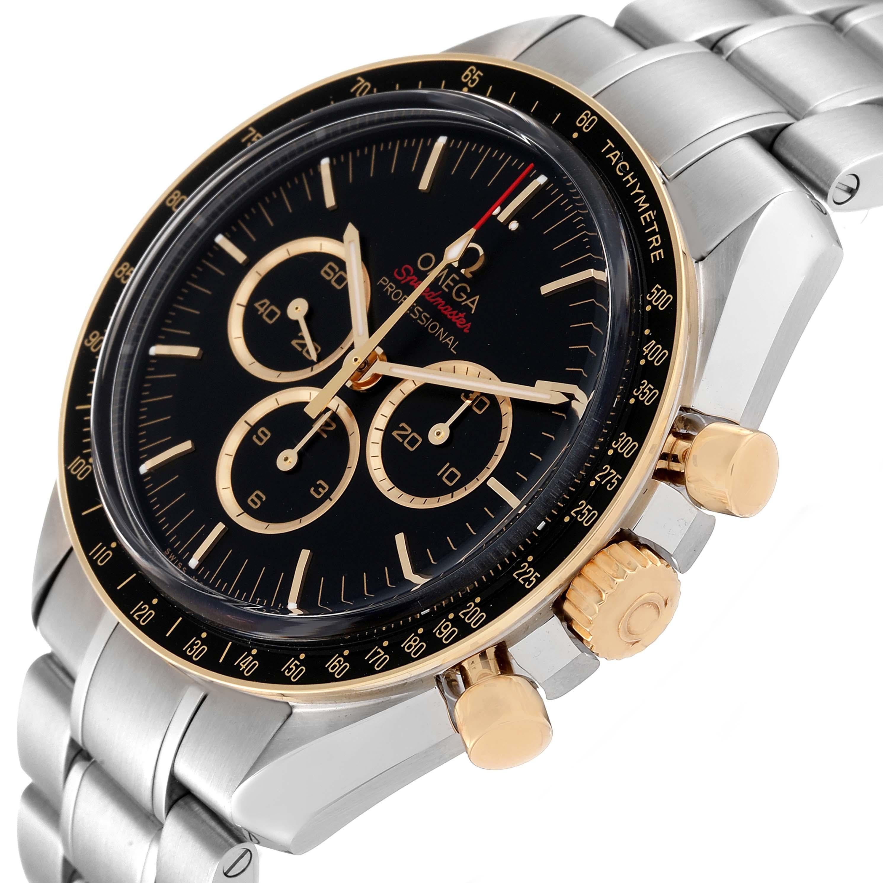 Omega Speedmaster Tokyo 2020 Limited Edition Steel Mens Watch 522.20.42.30.01.001 Box Card. Manual winding chronograph movement. Stainless steel round case 42.0 mm in diameter. 18k yellow gold crown with Omega logo. 18k yellow gold bezel with black