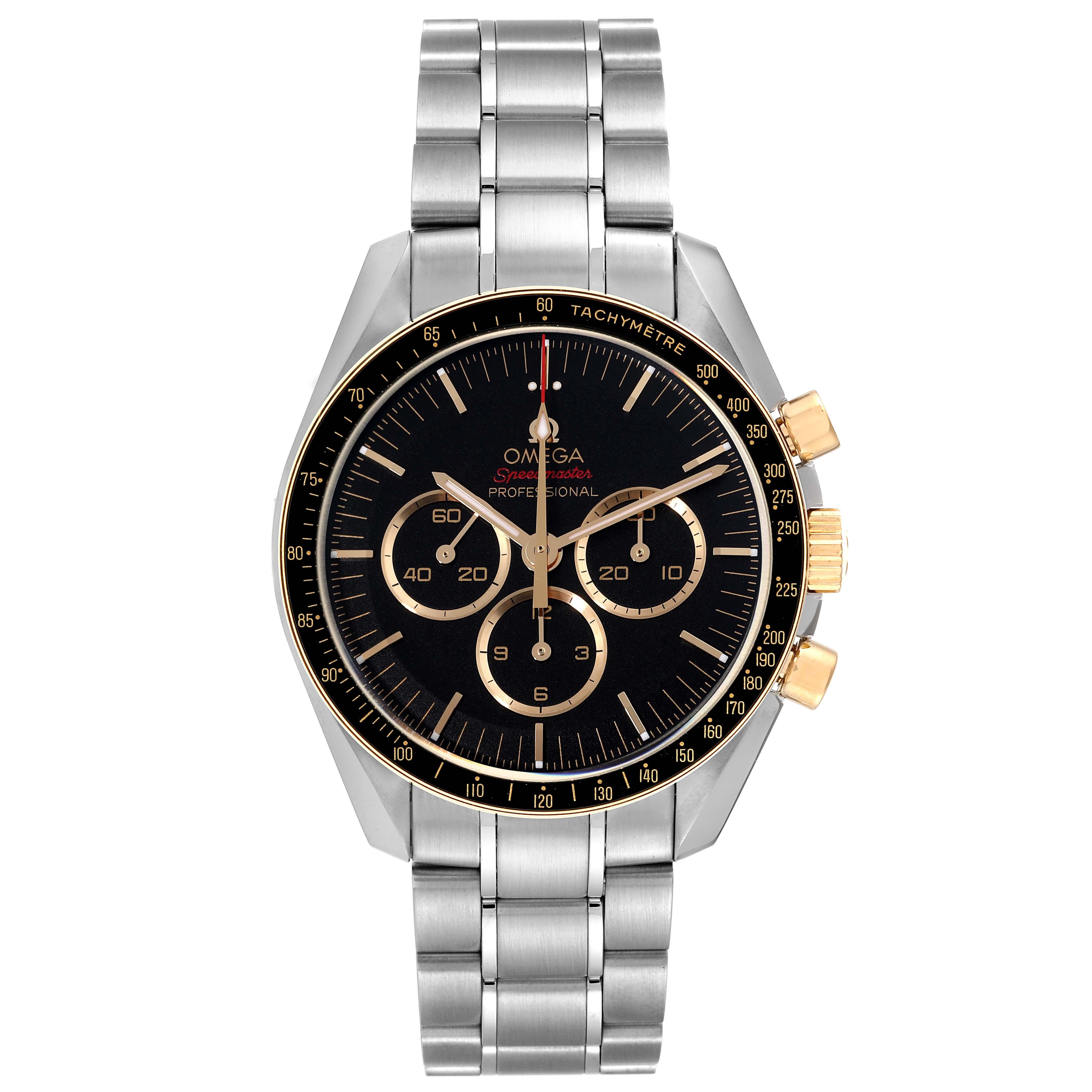 Omega Speedmaster Tokyo 2020 Limited Edition Steel Yellow Gold Mens Watch 522.20.42.30.01.001 Unworn. Manual winding chronograph movement. Stainless steel round case 42.0 mm in diameter. 18k yellow gold crown with Omega lgoo. 18k yellow gold bezel