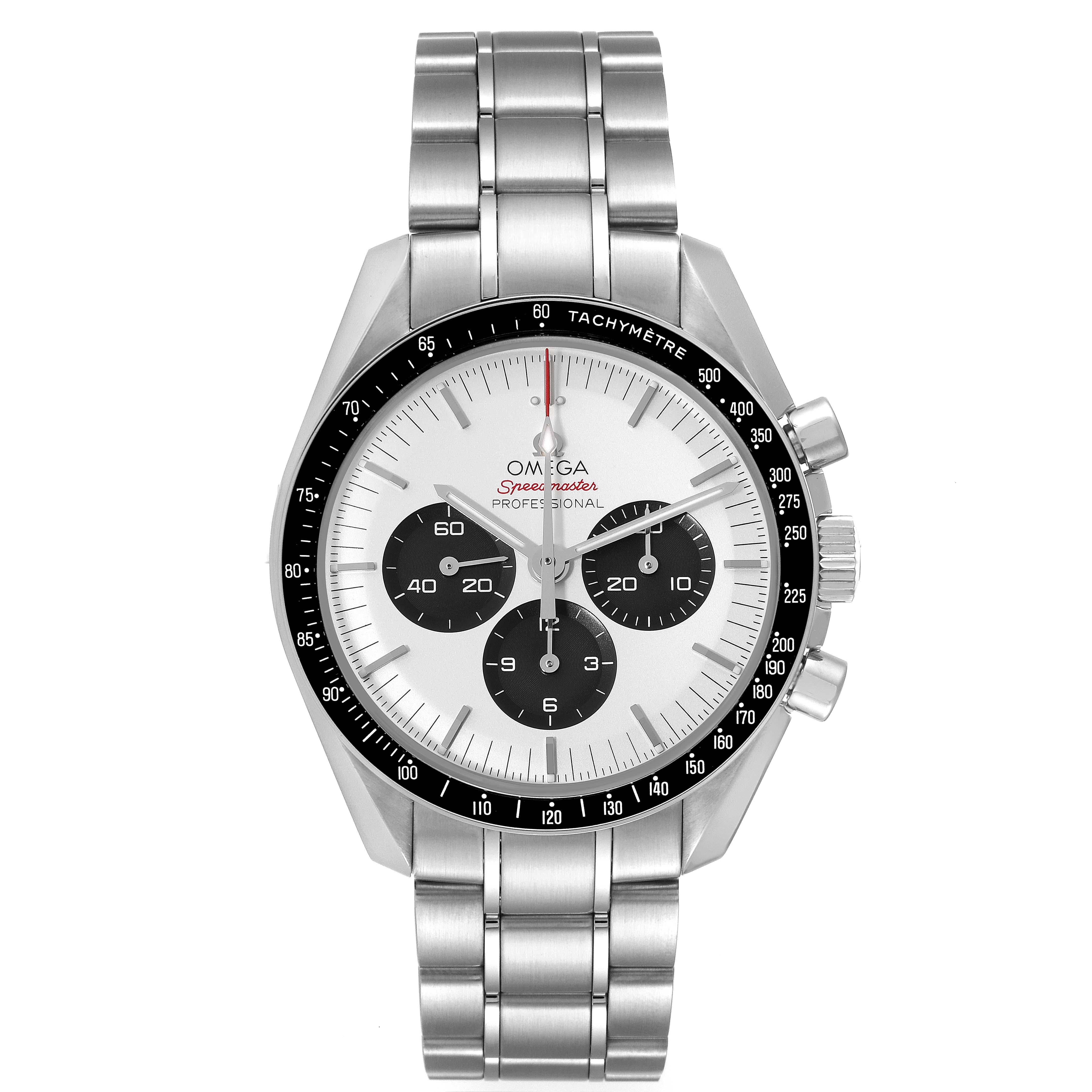Omega Speedmaster Tokyo 2020 Olympics LE Mens Watch 522.30.42.30.04.001 Box Card. Manual winding chronograph movement. Stainless steel round case 42.0 mm in diameter. Stainless steel bezel with black aluminium tachymeter insert. Scratch resistant