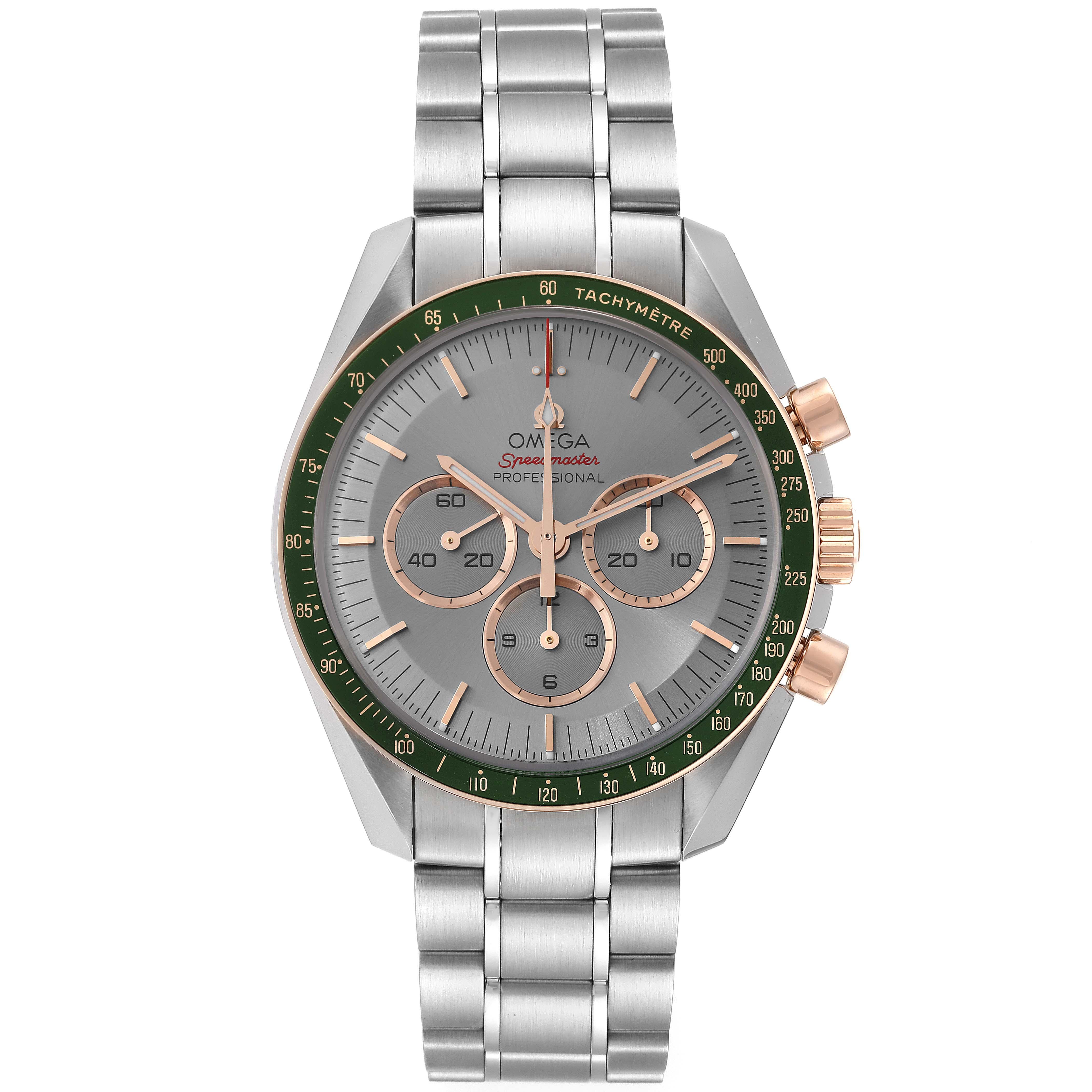 Omega Speedmaster Tokyo 2020 Olympics LE Steel Mens Watch 522.20.42.30.06.001 Unworn. Manual winding chronograph movement. Stainless steel round case 42.0 mm in diameter. 18k rose gold bezel with green aluminum tachymeter insert. Scratch resistant